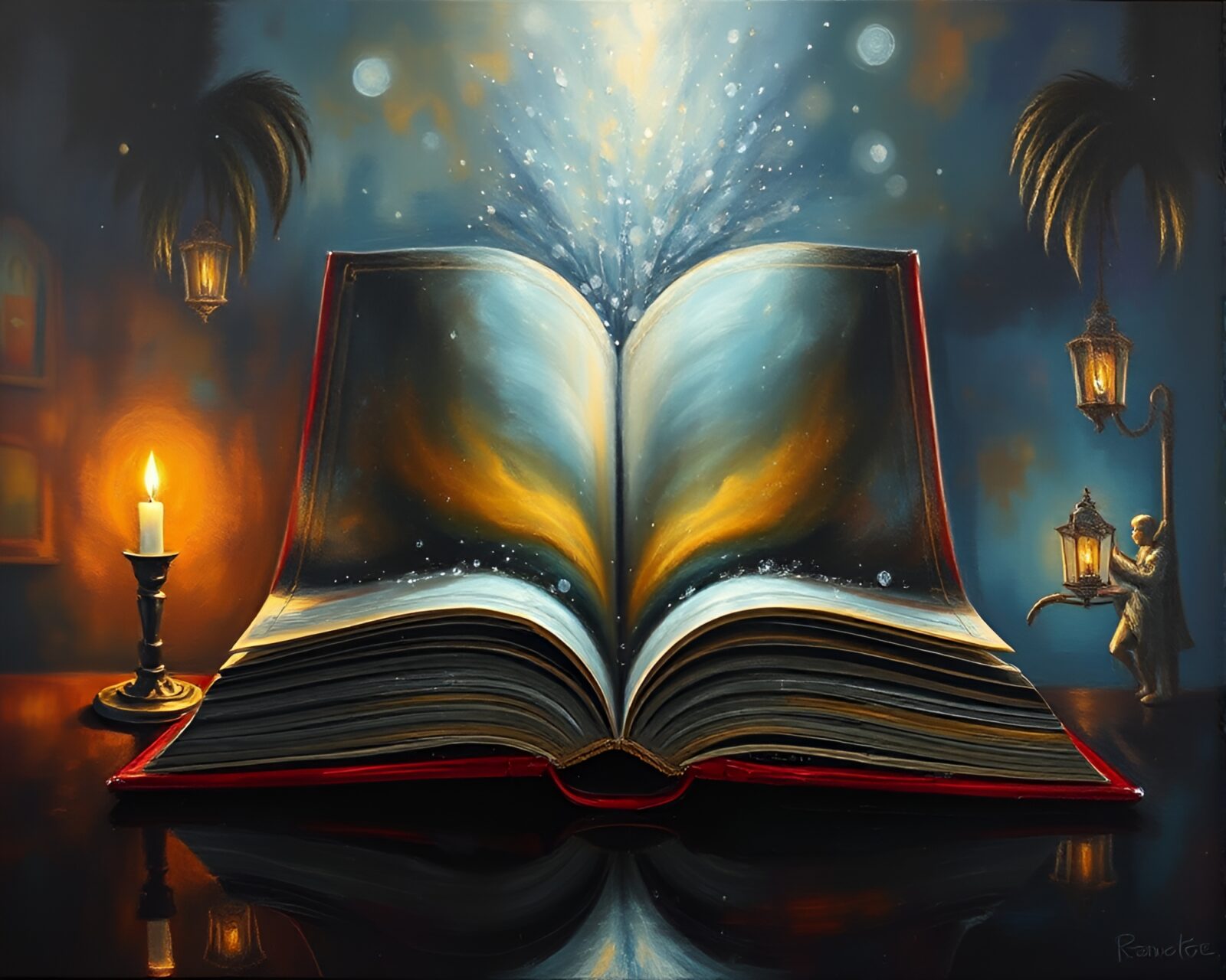 Oil painting of a magical book reflecting chrome under dramatic lights