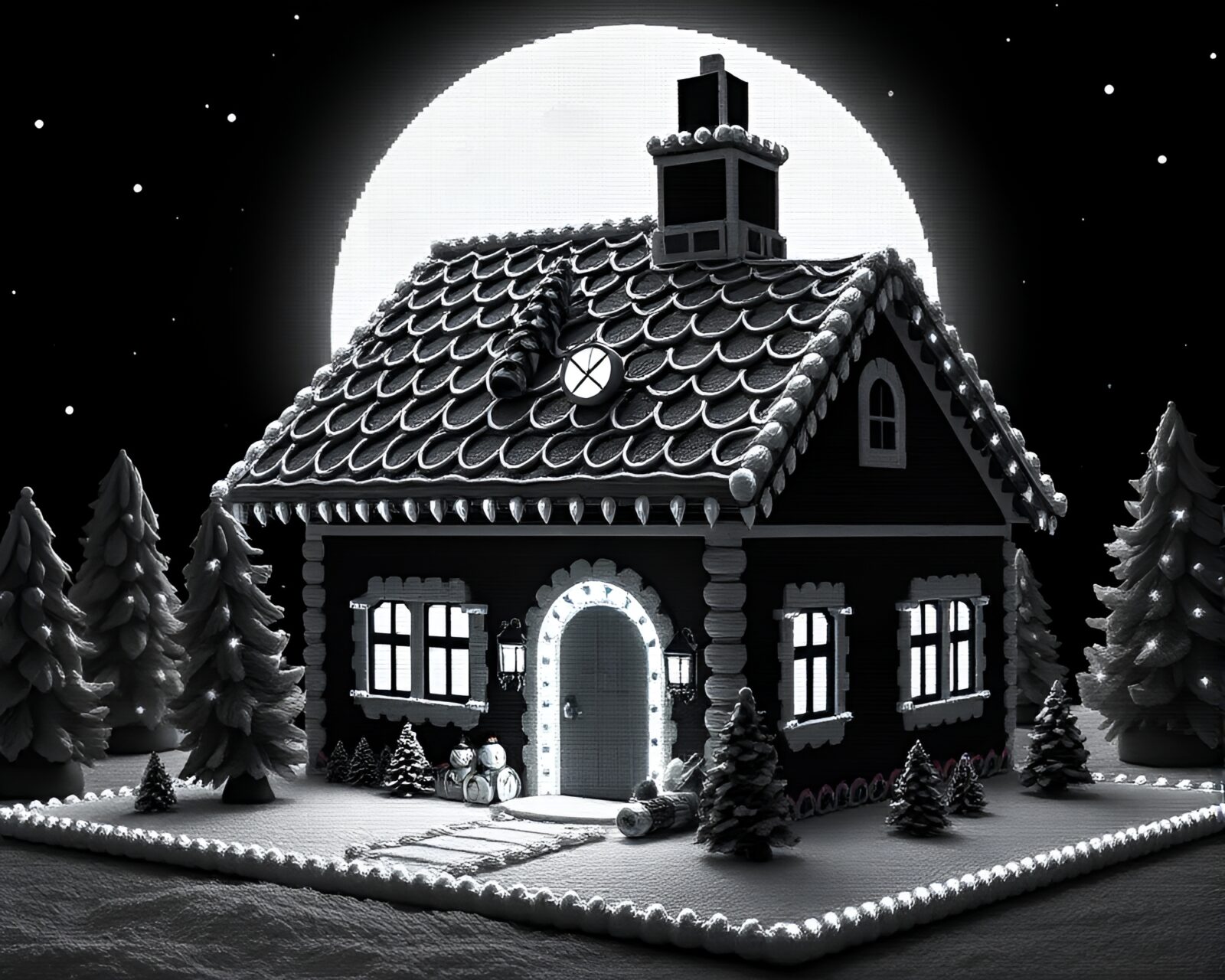 Realistic gingerbread house under moonlight in pixelated grid