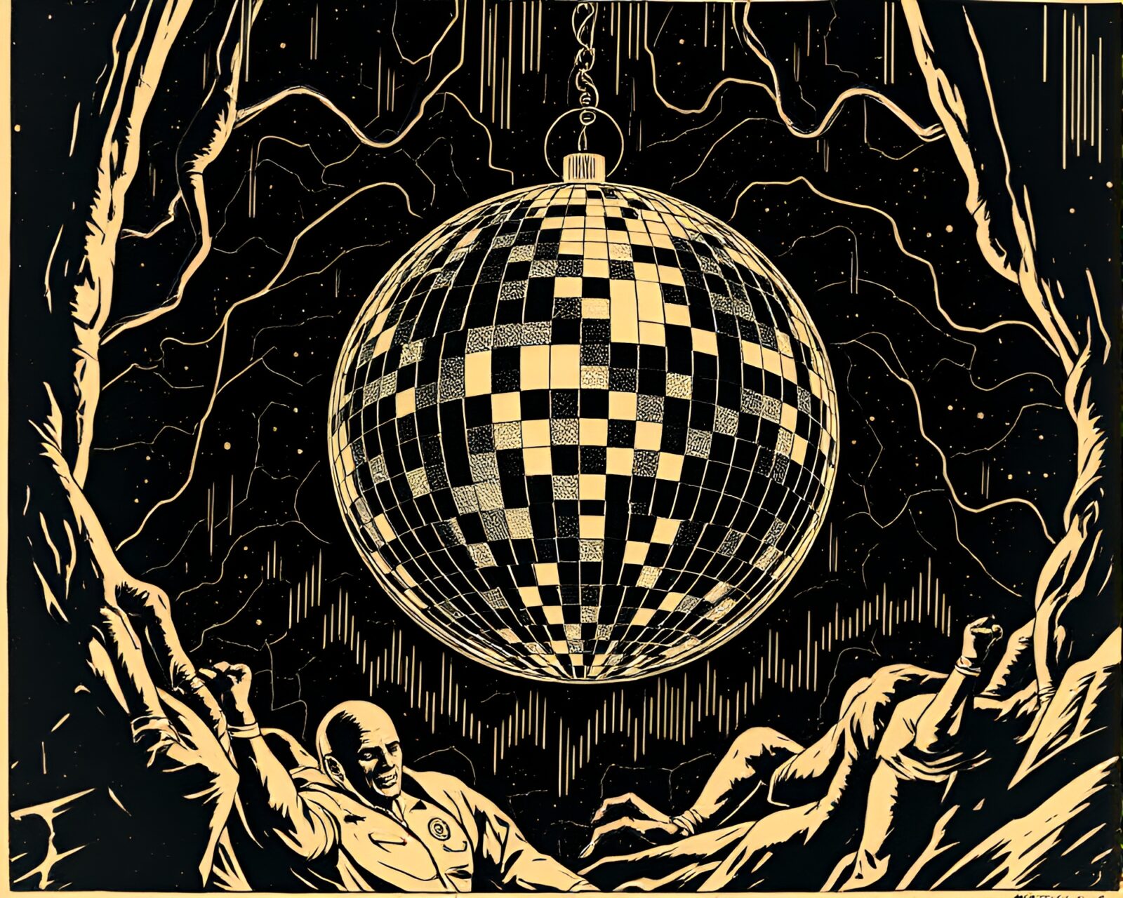 Wireframe render of Lovecraftian horror scene with disco ball glow