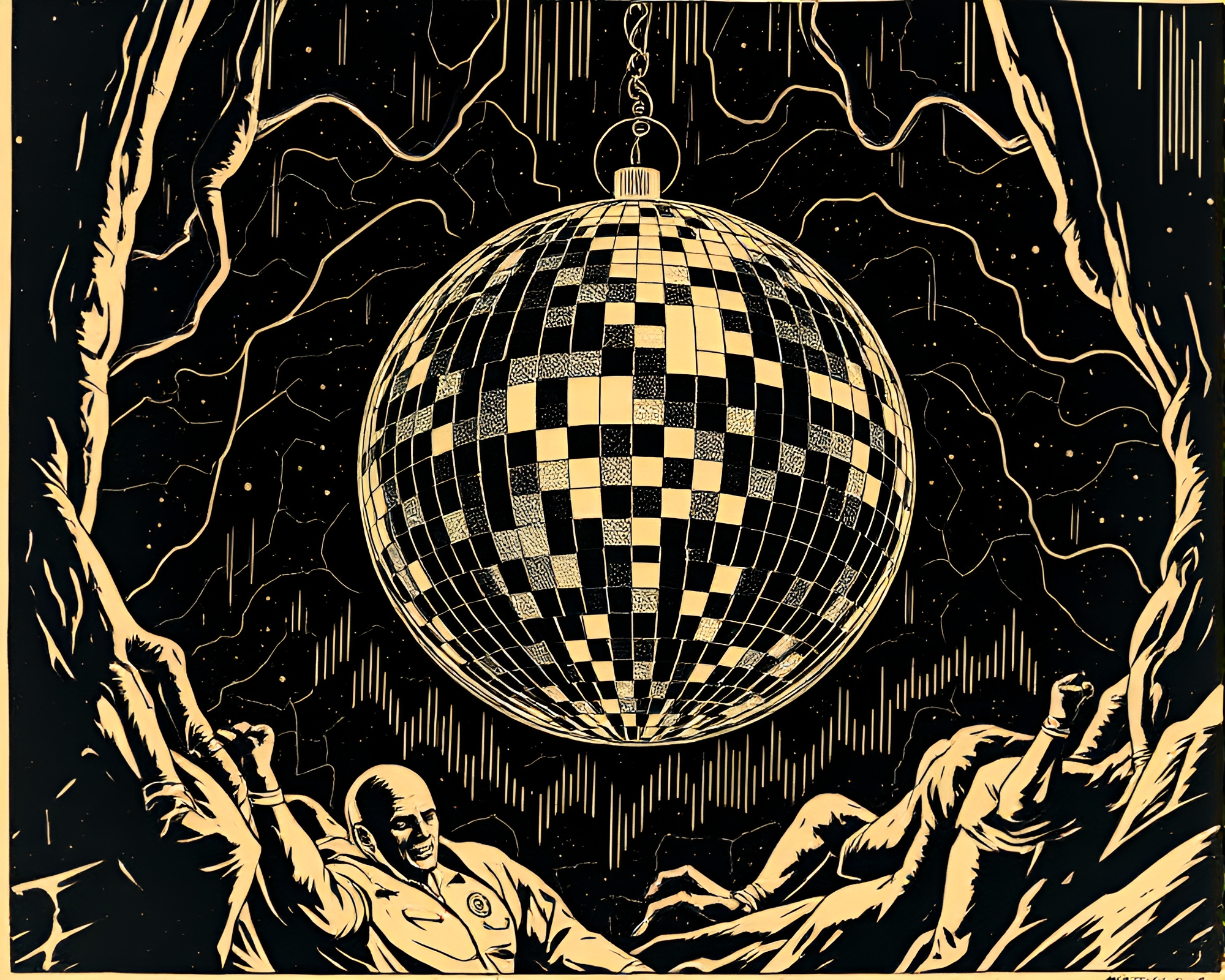 Lovecraftian Horror Wireframe Disco Ball Print – free AI stock image