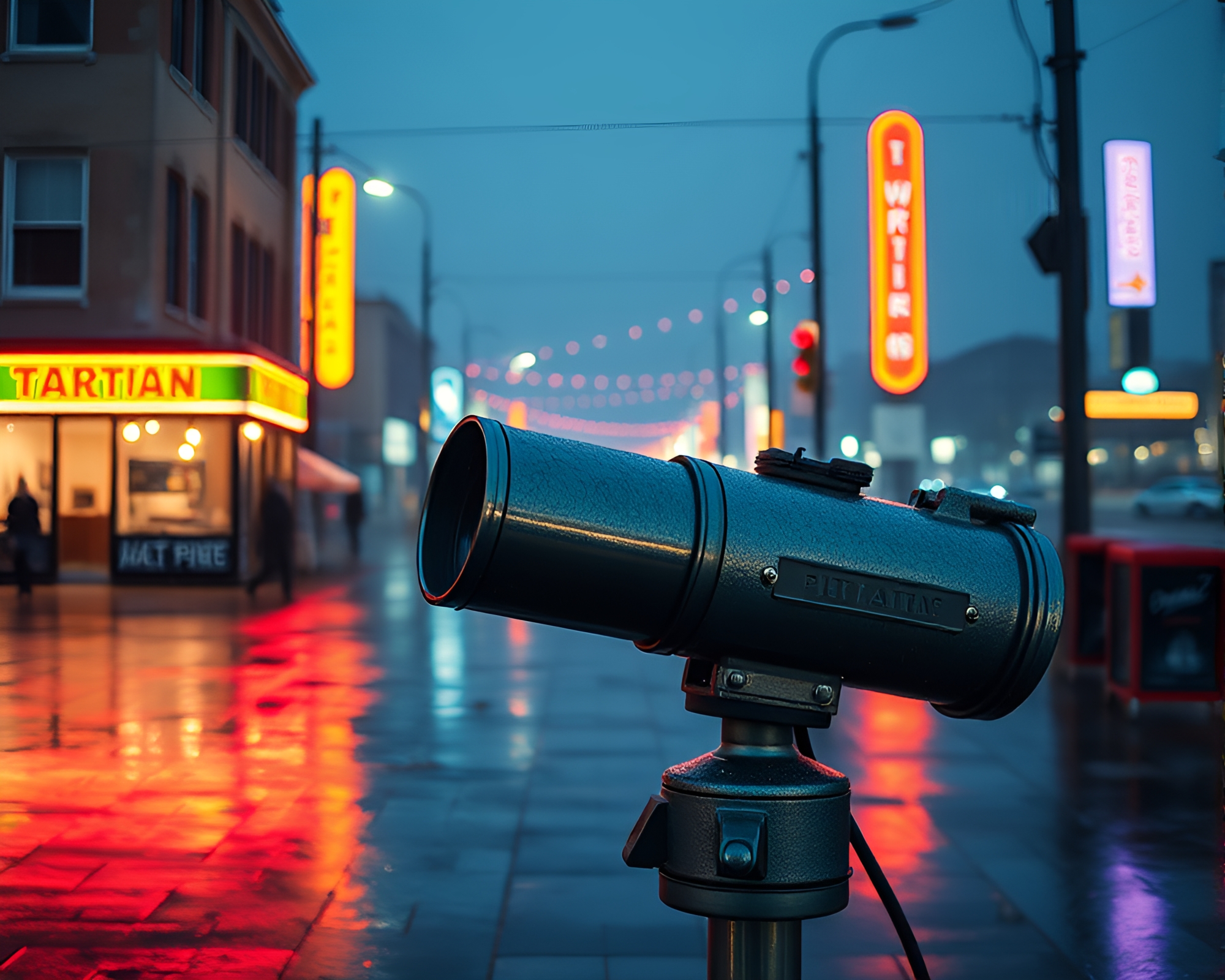 Vintage Telescope on Wet Pavement in Retrowave Style – free AI stock image