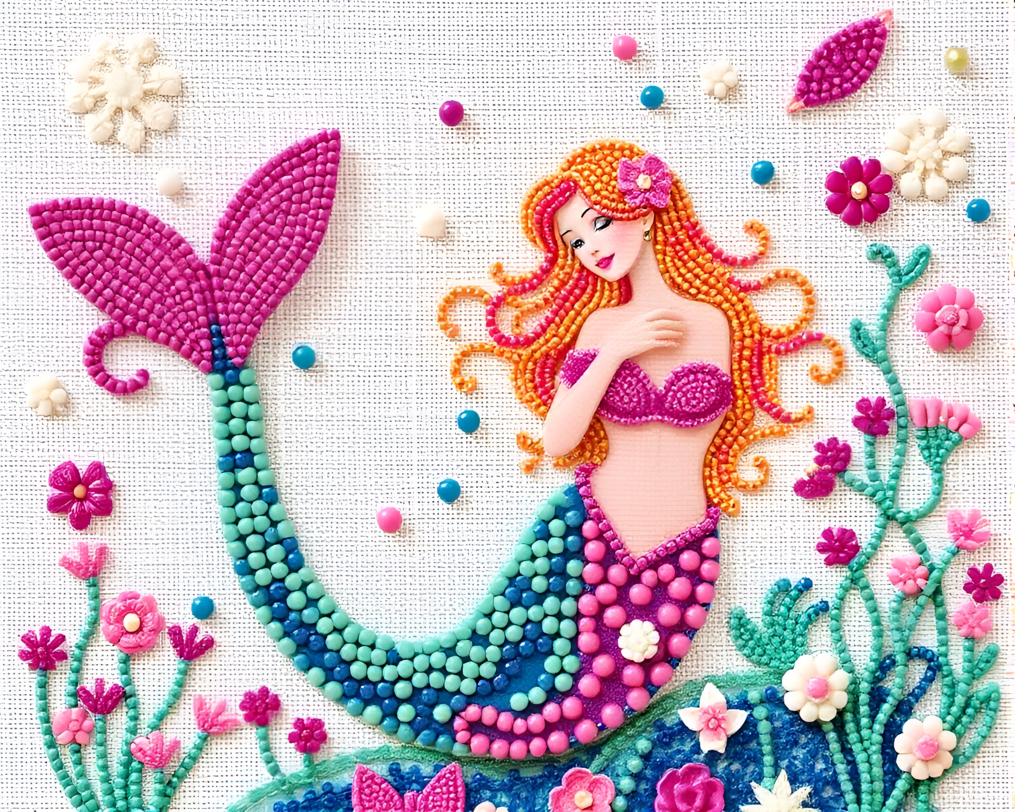 Mermaid with Intricate Beadwork Accents in Analogous Tones – free AI stock image