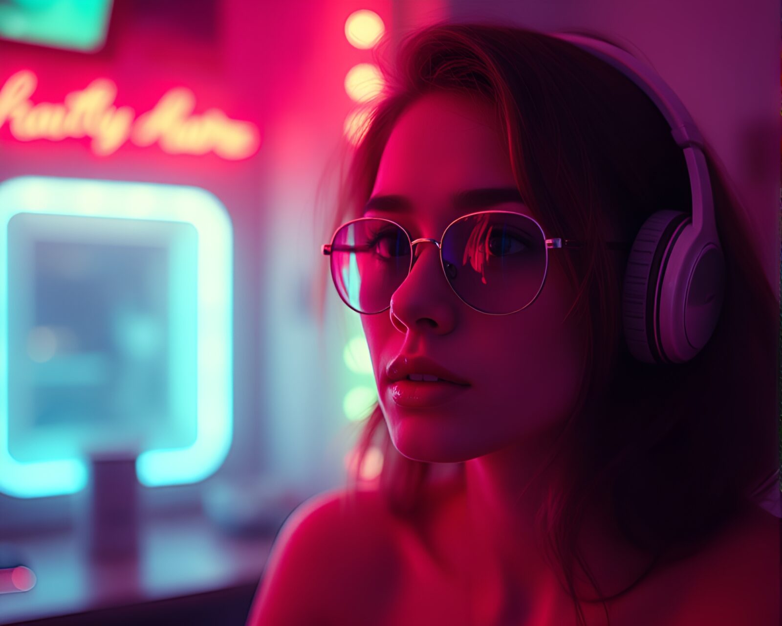 Fantastical glowing satyr framed in retro neon split focus