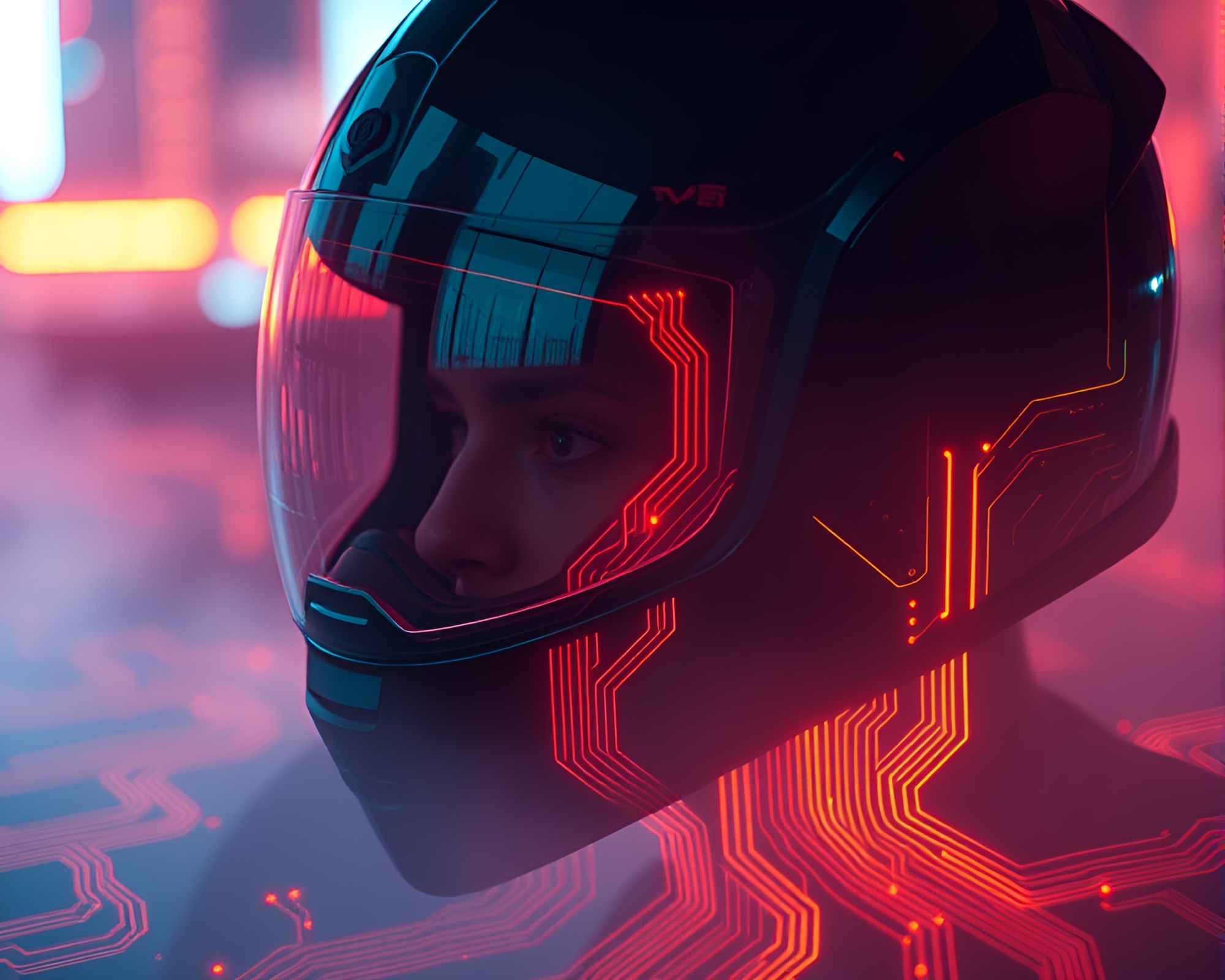 Neon Helmet Glowing in Digital Circuit Twilight – free AI stock image