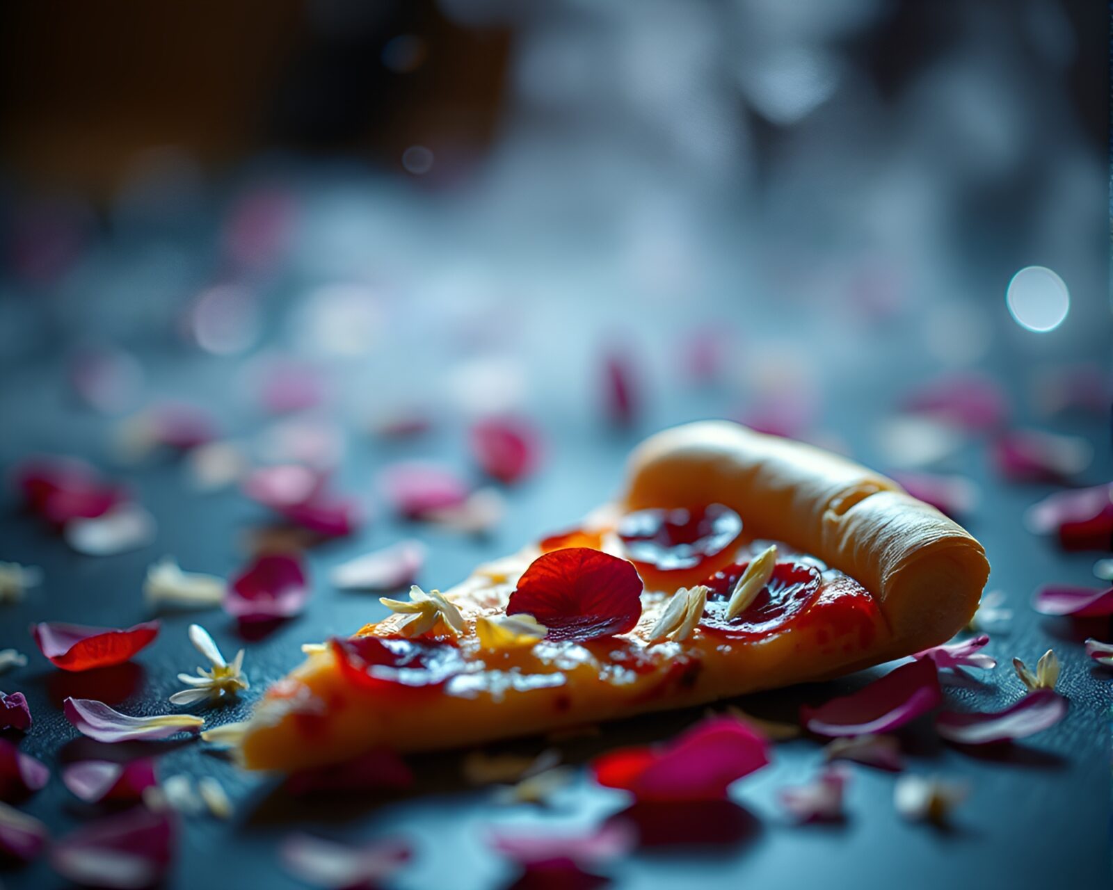 Vibrant pizza slice surrounded by colorful flower petals in haze