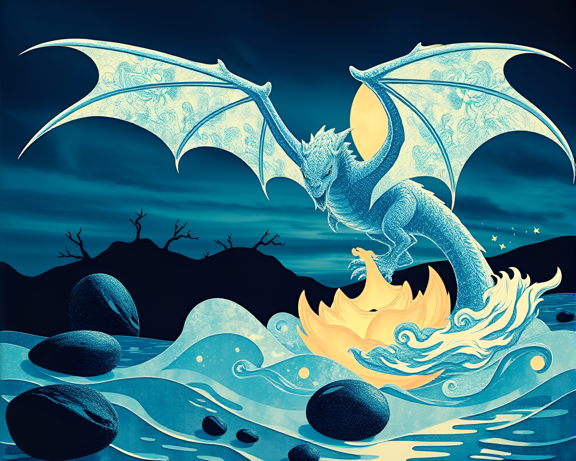 Twilight Dragon Egg Collage in Fluid Simulation – free AI stock image