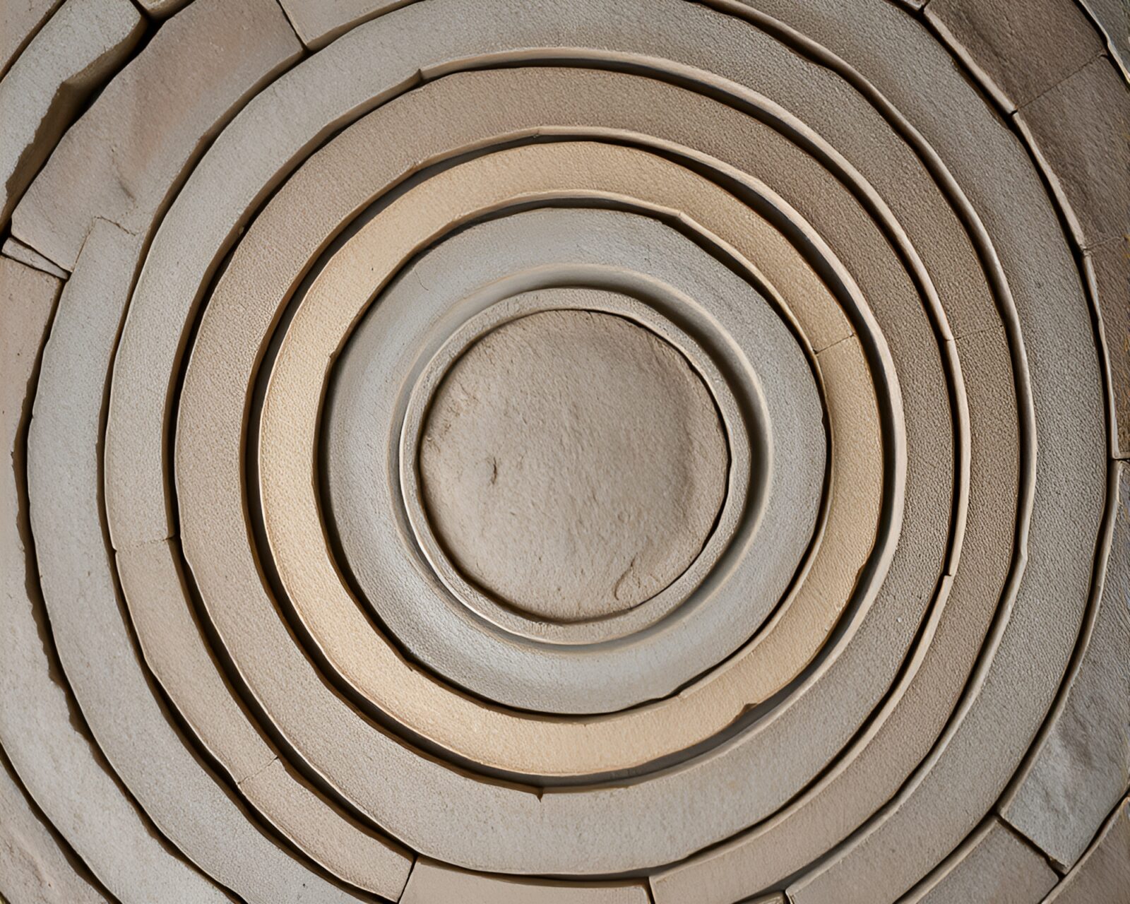 Concentric circles of stones glowing softly in pastel hues
