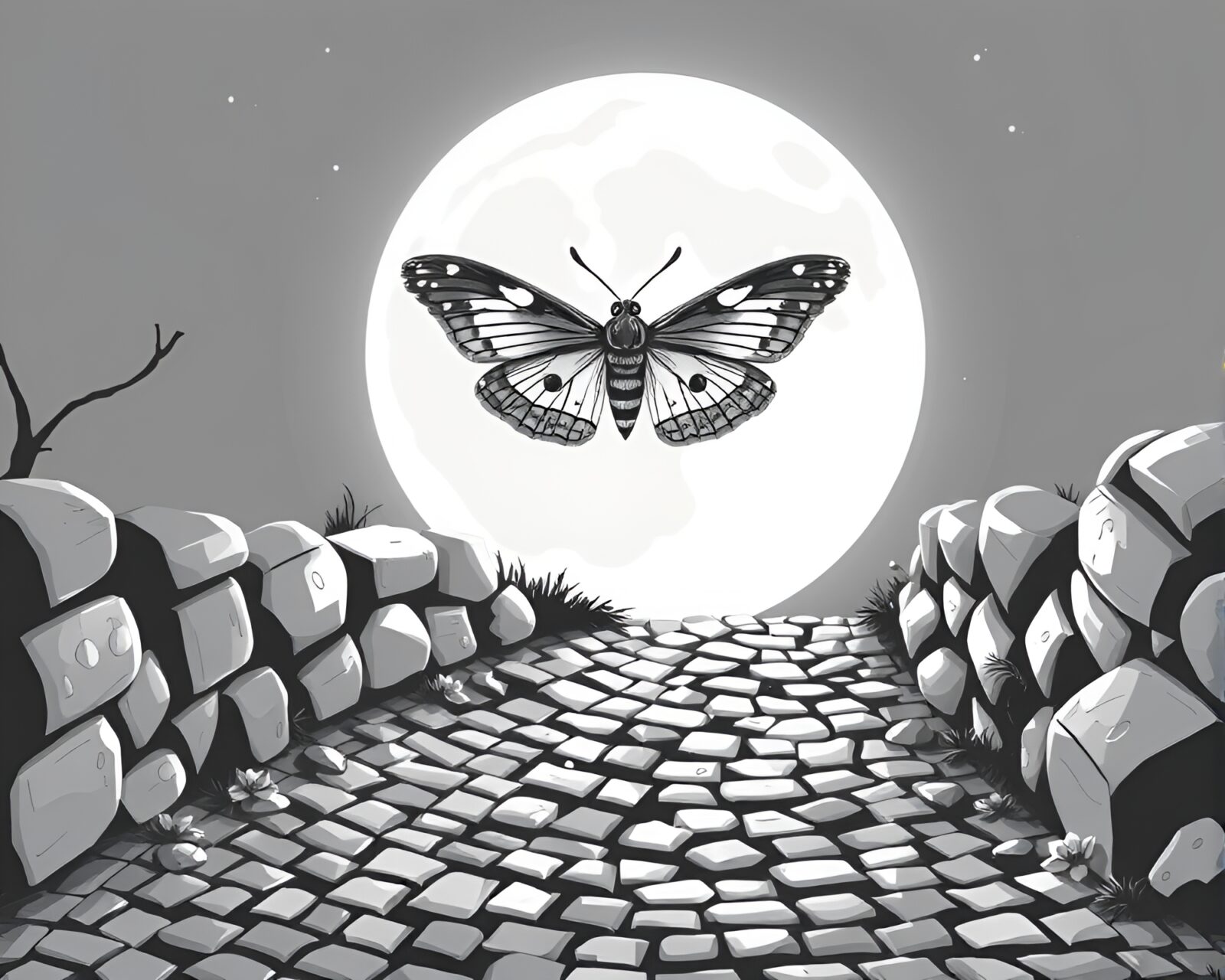 Mystical moth navigating moonlit cobblestone path in isometric art