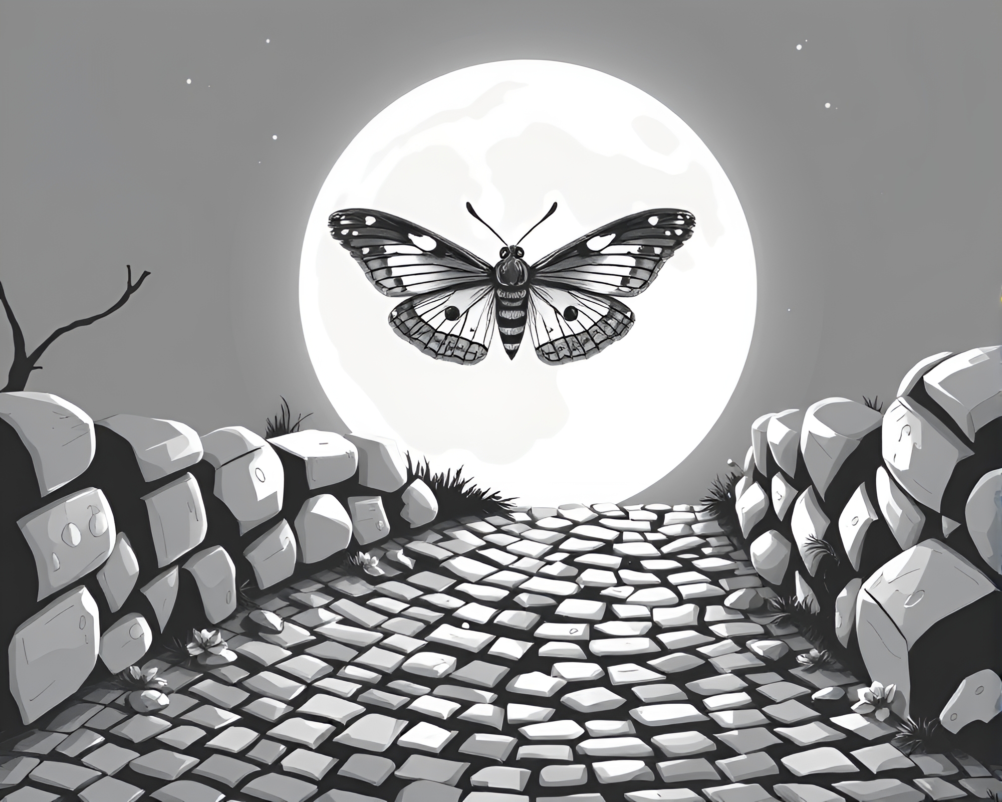 Moth’s Path under Lunar Glow: Isometric Cobblestone Night – free AI stock image