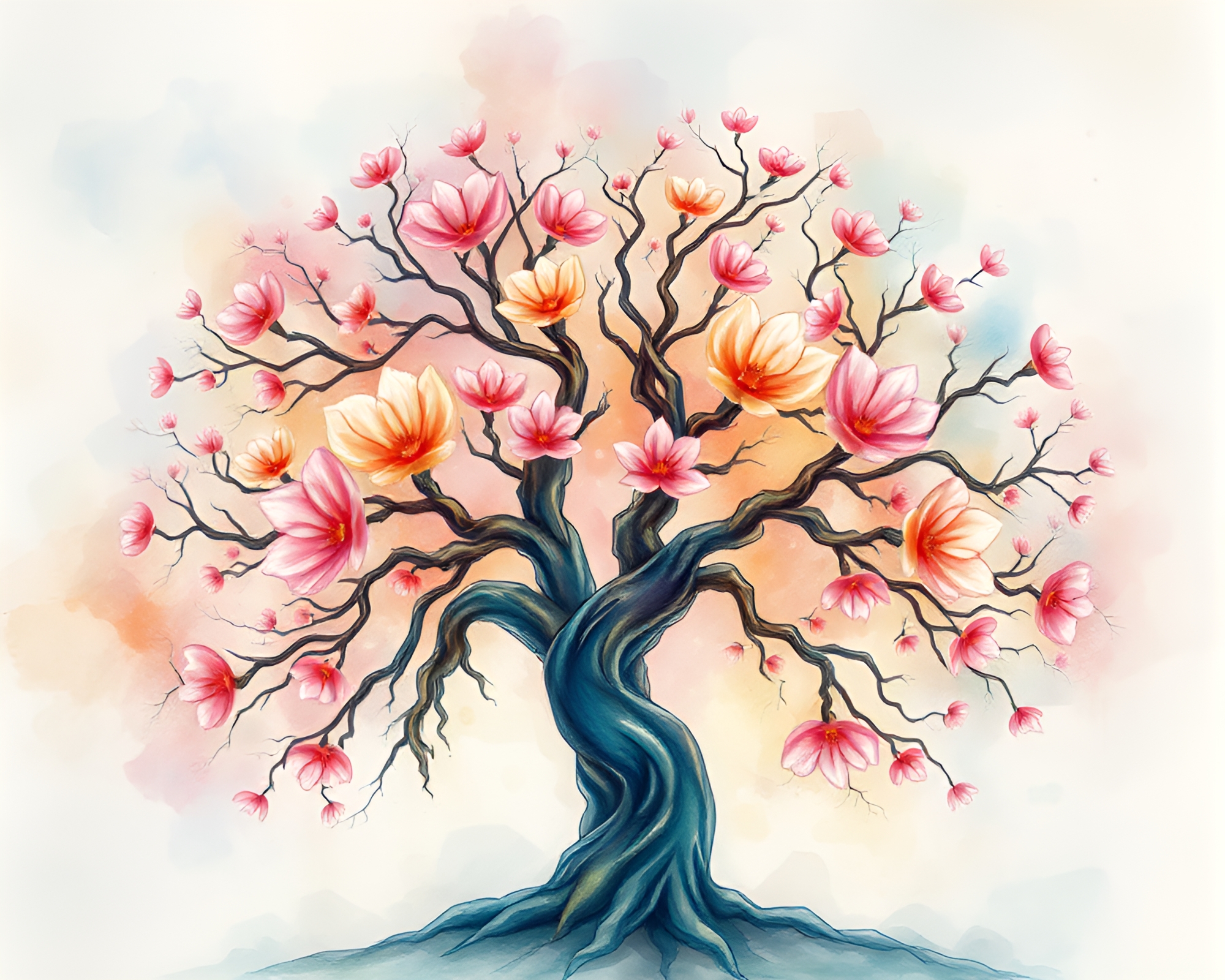 Enchanted Watercolor Blooms: Ancient Tree in Fractal Design – free AI stock image