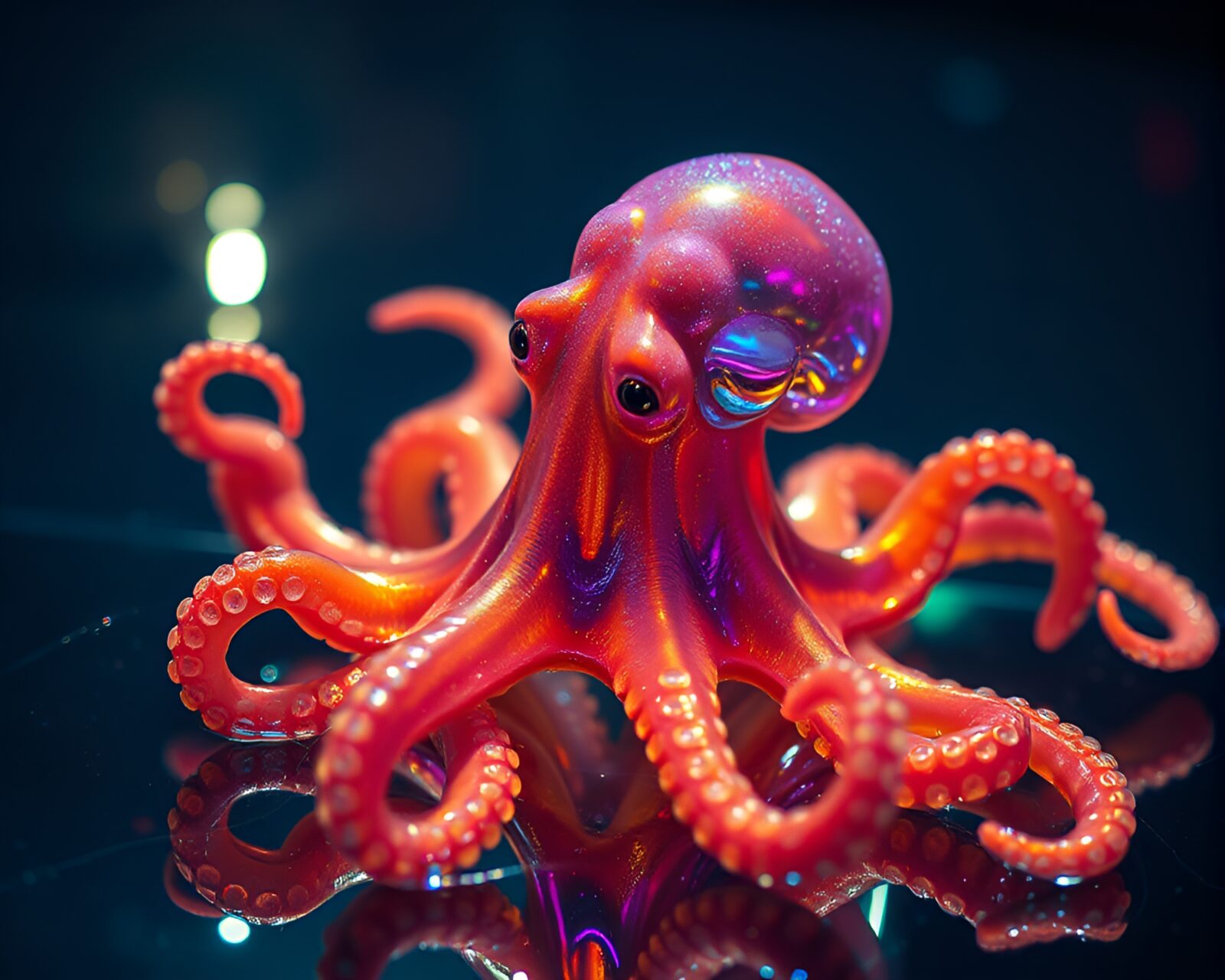 A shimmering holographic octopus reflecting on water surface