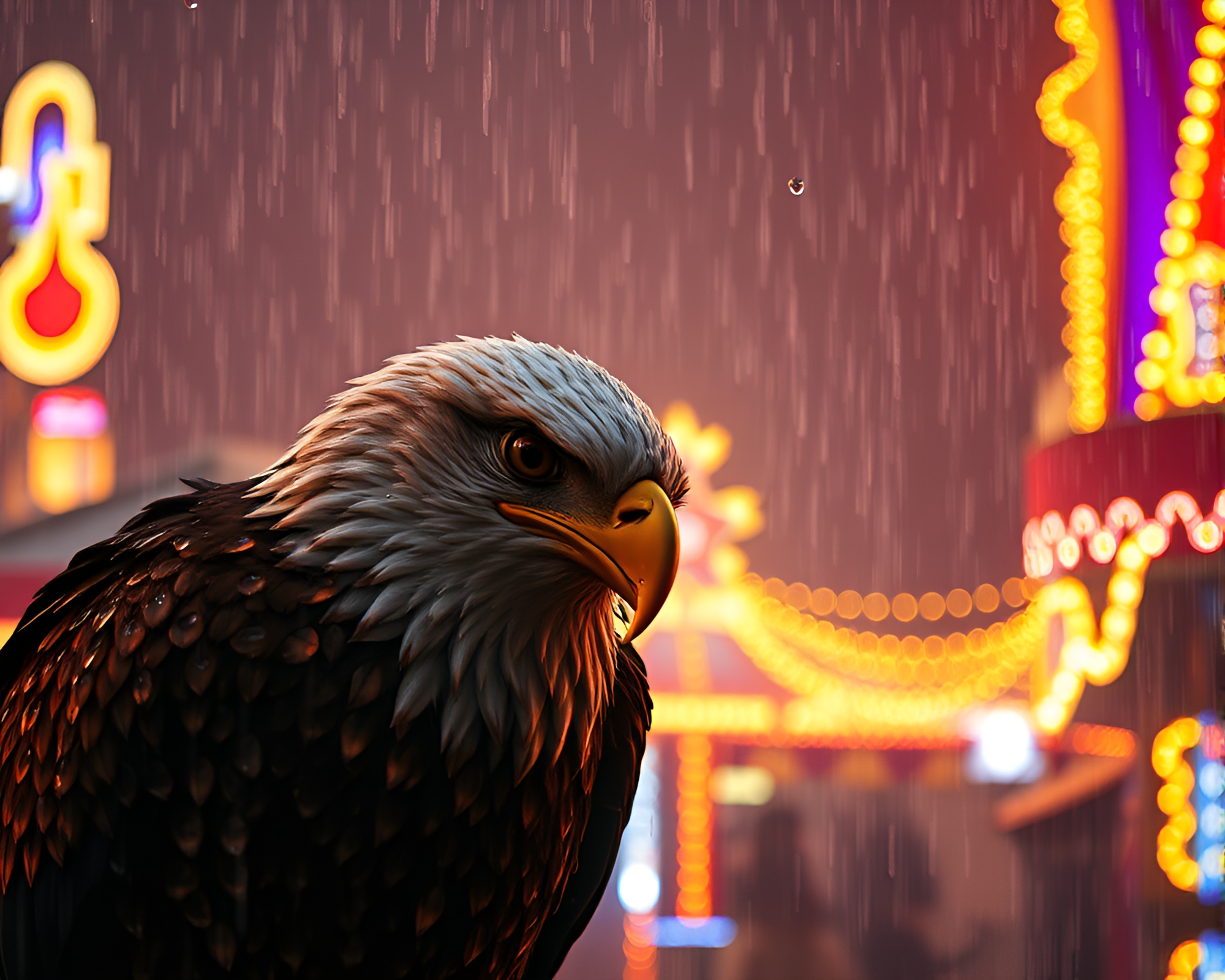 Eagle Soaring Through Dystopian Carnival Lights – free AI stock image