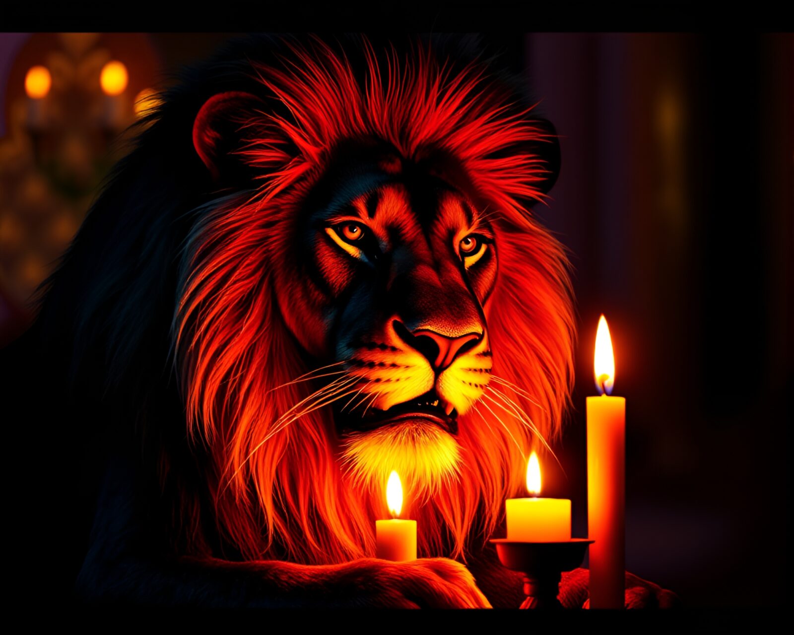 Majestic lion in 3D crosshatching under candlelight glow