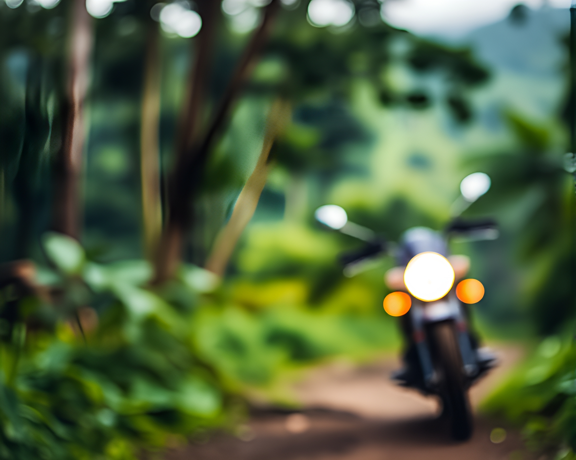 Motorcycle in Rainforest Bokeh – free AI stock image