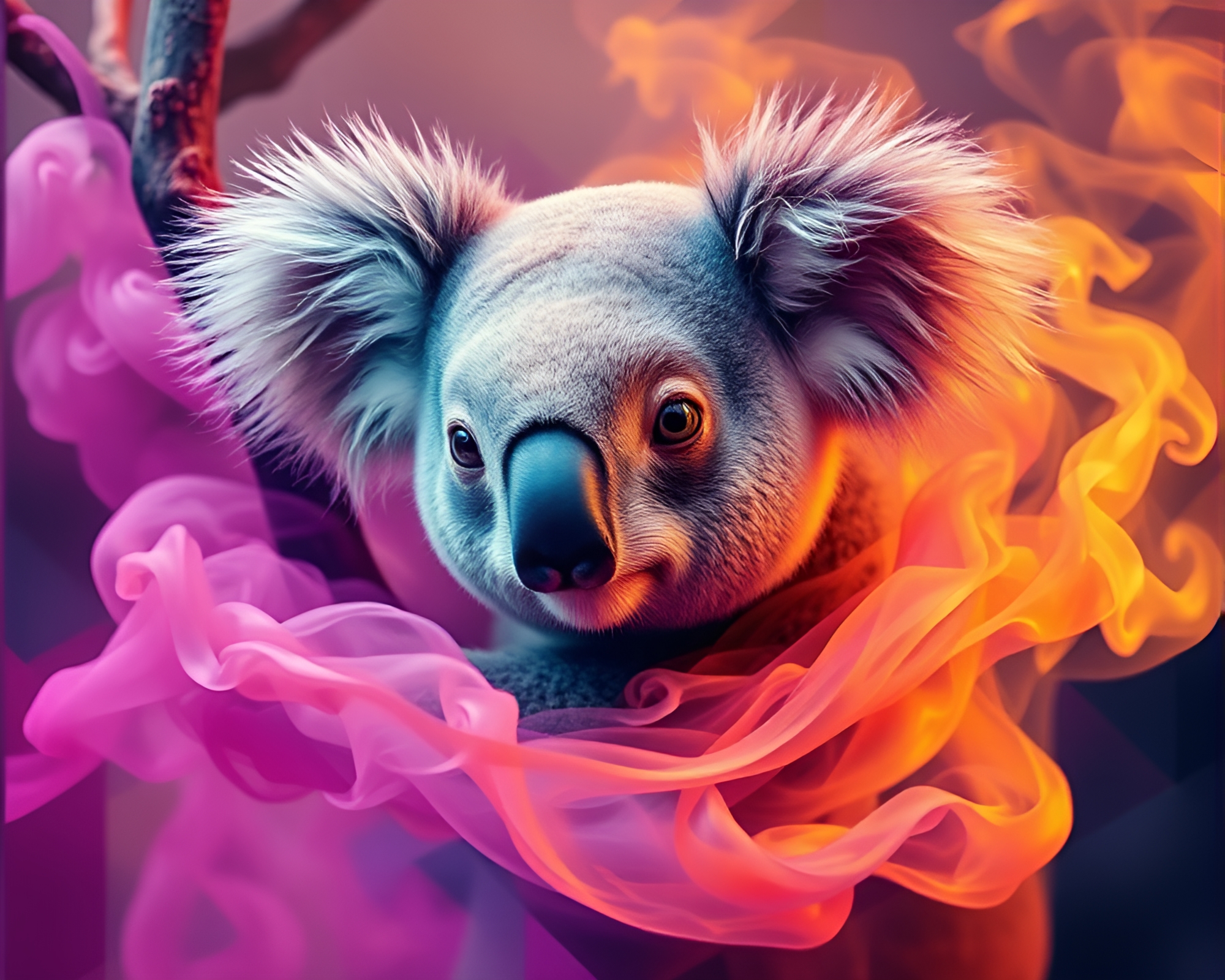 Koala Geometric Abstraction with Hyper-Saturated Smoke Plume Swirls – free AI stock image