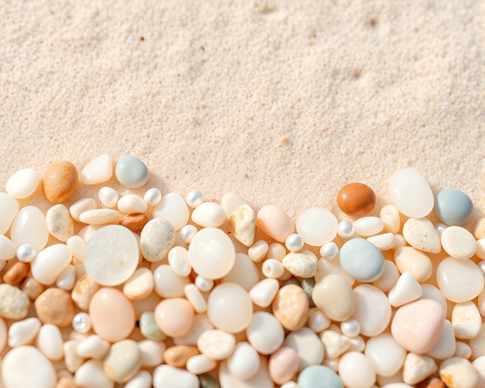 Pastel gradient lighting on pebble-covered shore with intricate beadwork