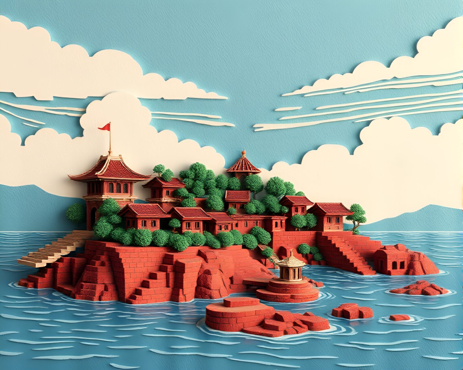 Vibrant voxel art of a mysterious island in brick red lighting