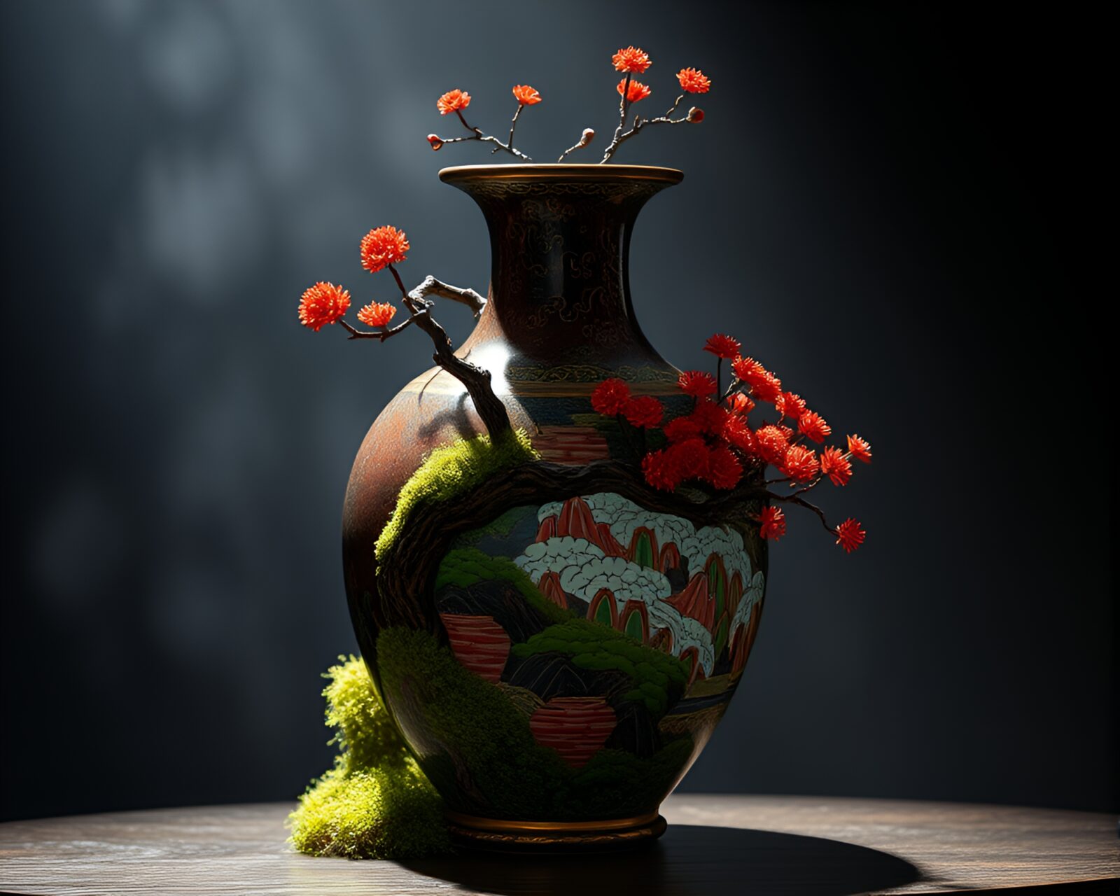 Mystical vase engulfed by vibrant green moss under flickering light