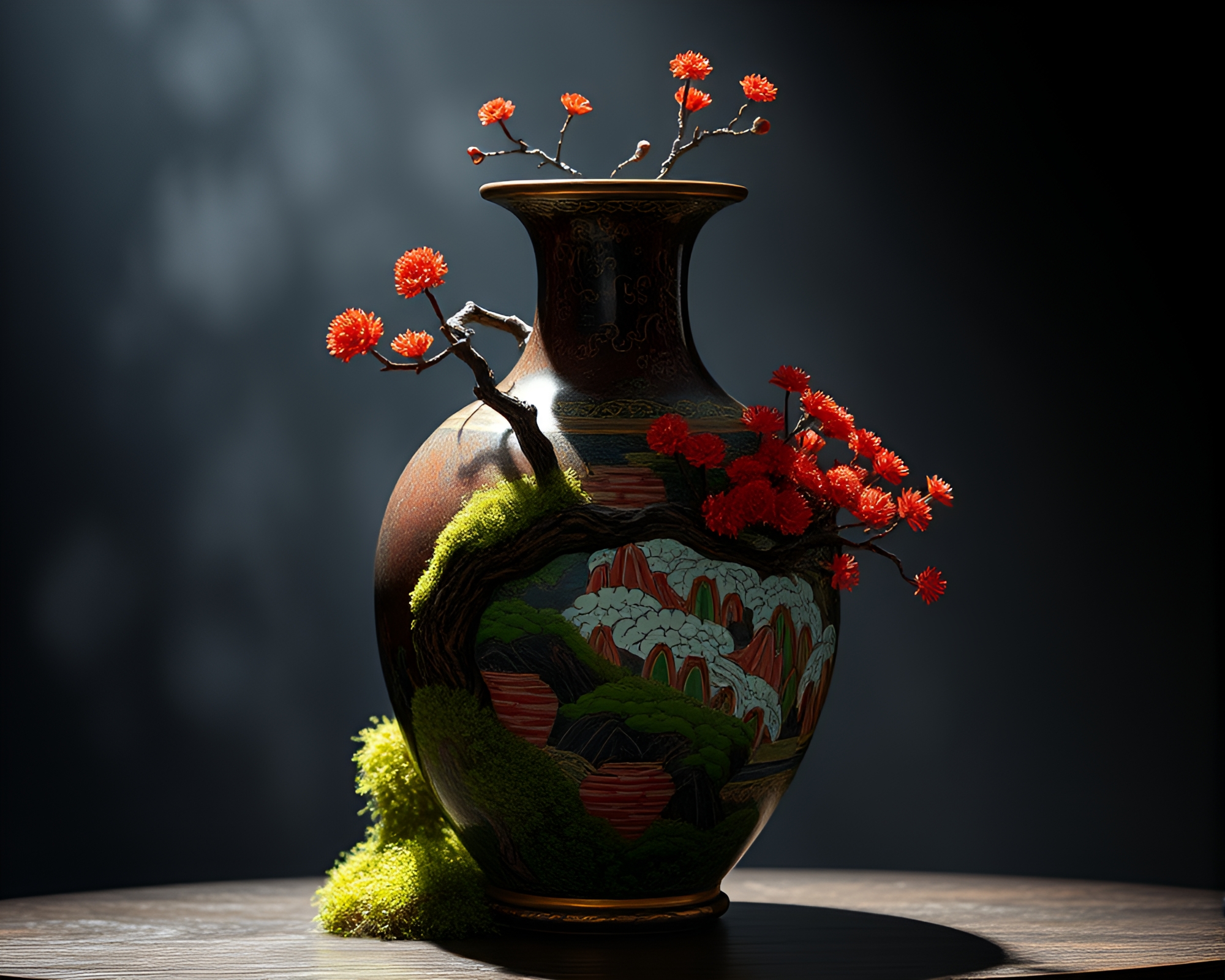Enchanted Cloisonné Vase with Moss Growth – free AI stock image