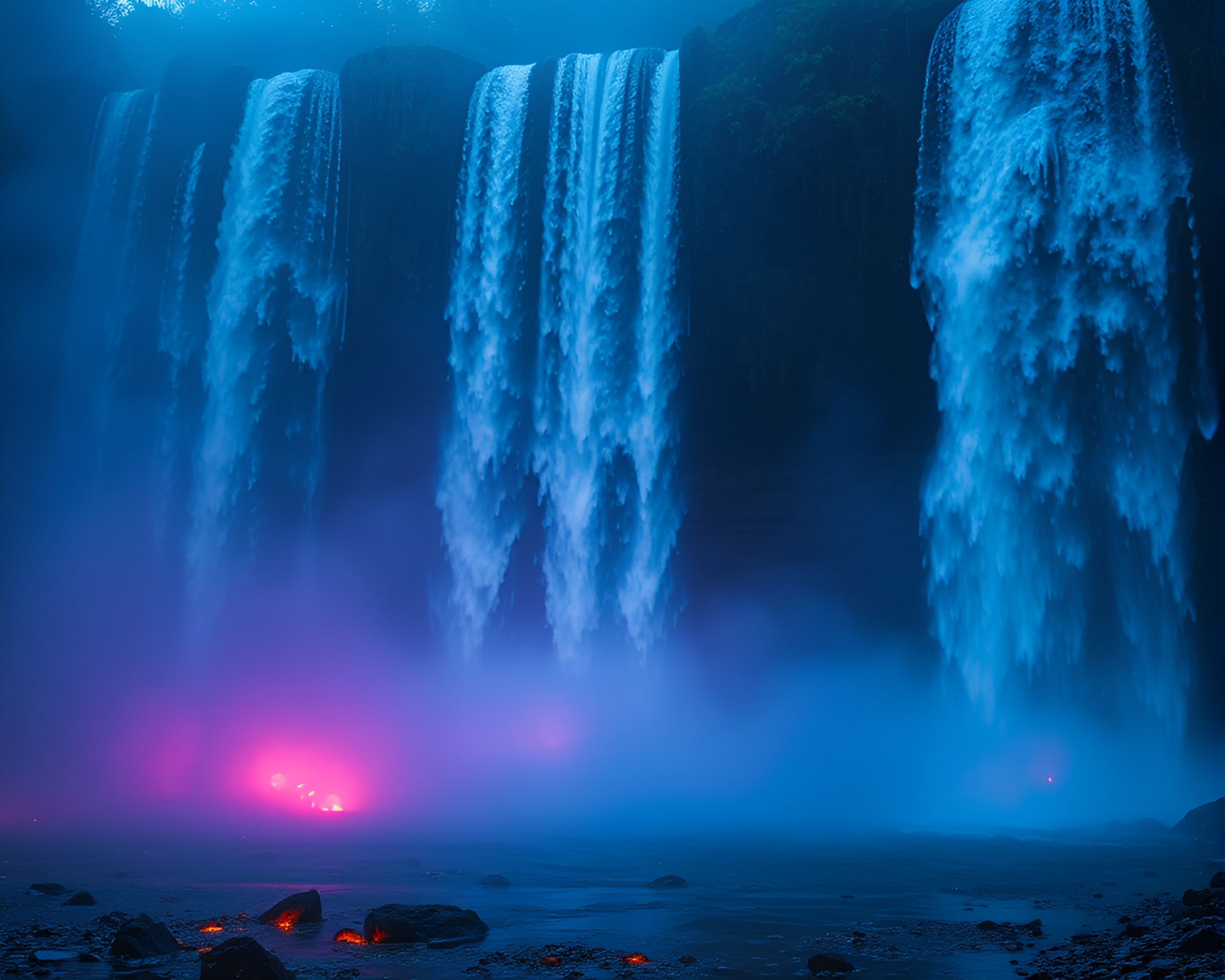 Foggy Waterfall with Ultraviolet Embers Fantasy Illustration – free AI stock image