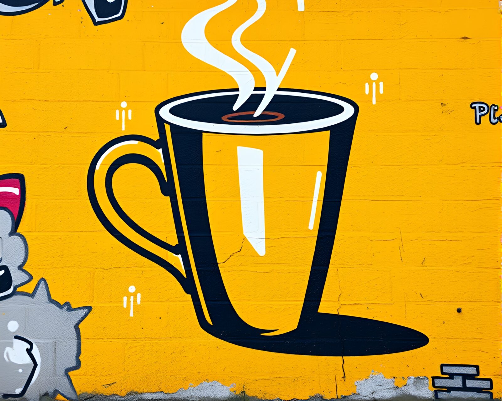 Stipple shading mural of a vibrant coffee cup design.