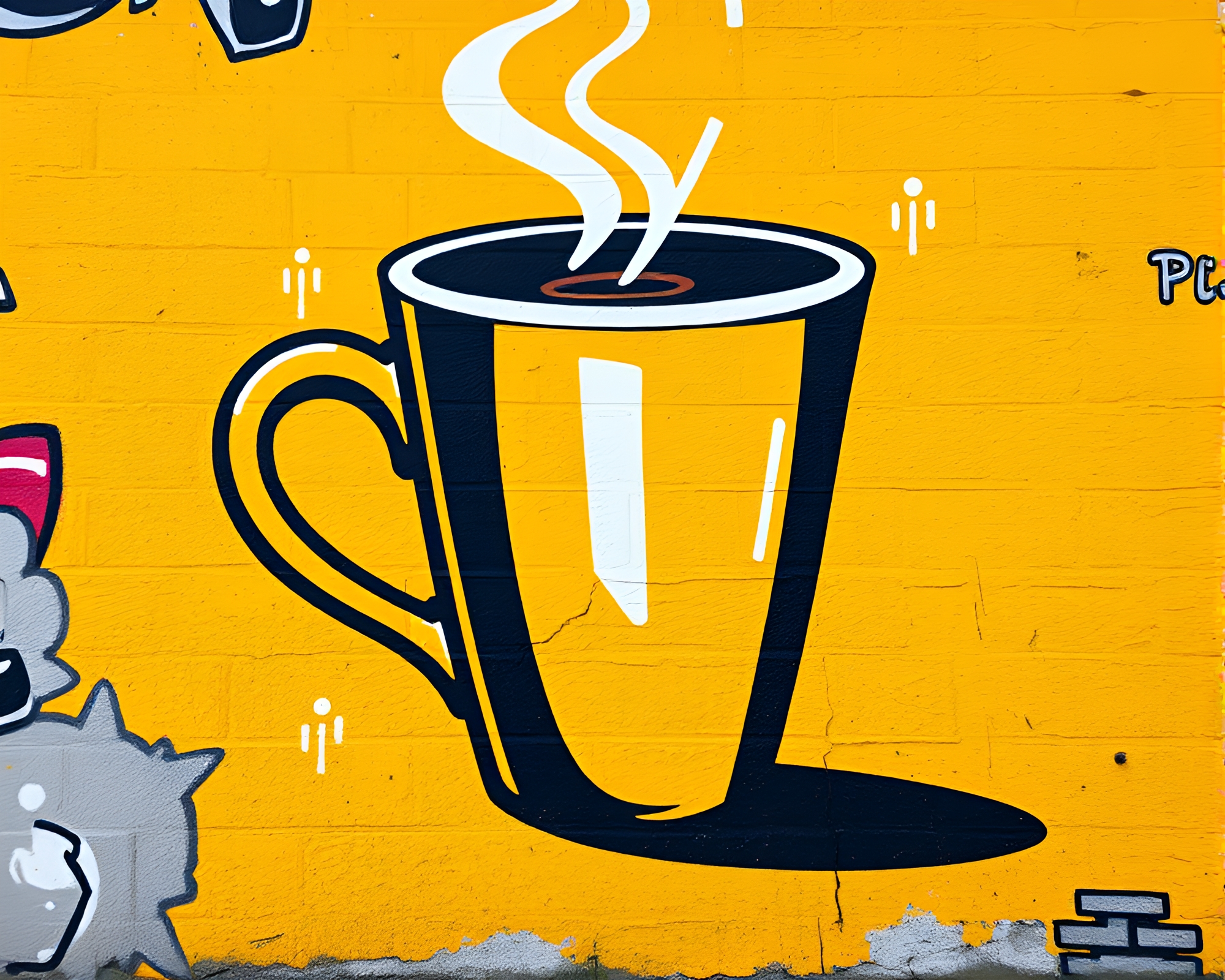 Mustard Yellow Coffee Cup Graffiti Mural – free AI stock image