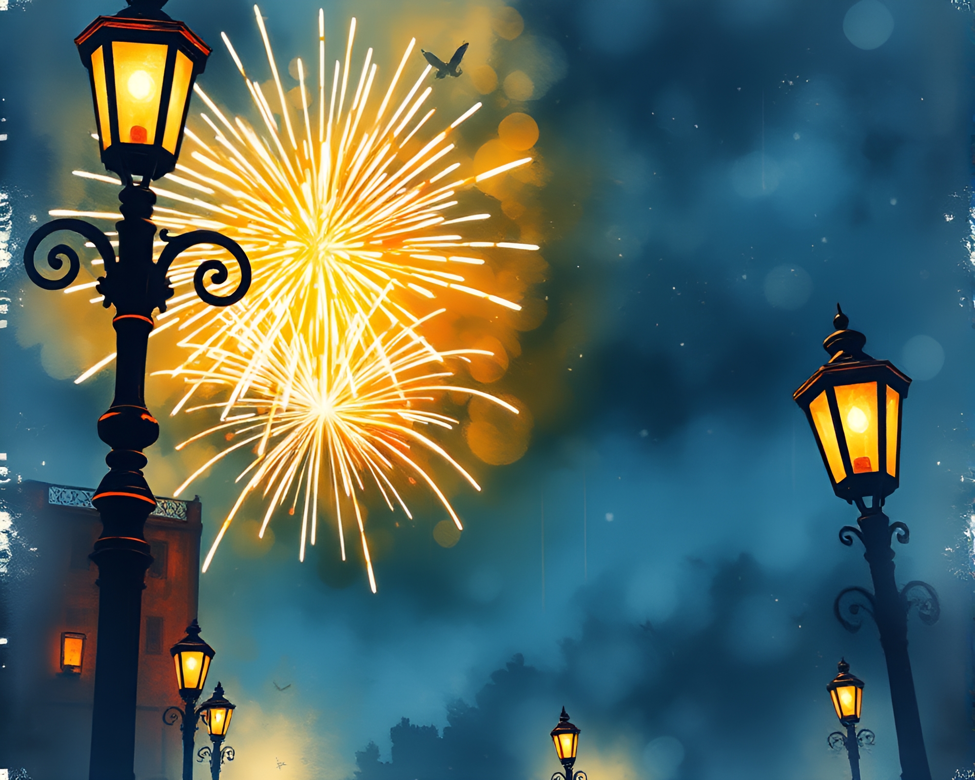 Gothic Chandelier Illuminated by Fireworks and Streetlamp Glow – free AI stock image