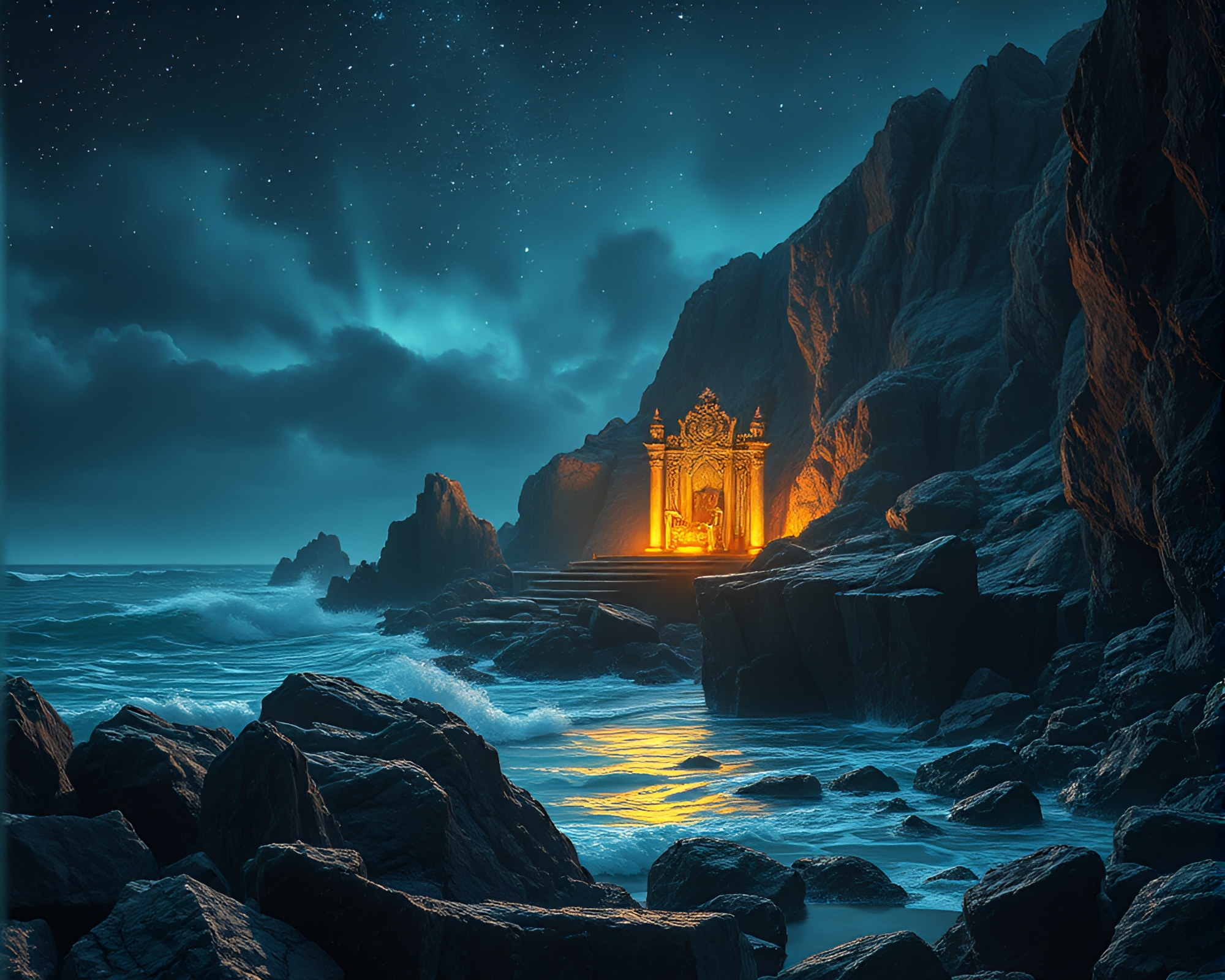 Majestic Throne on Rocky Coastline with Glowing Light – free AI stock image