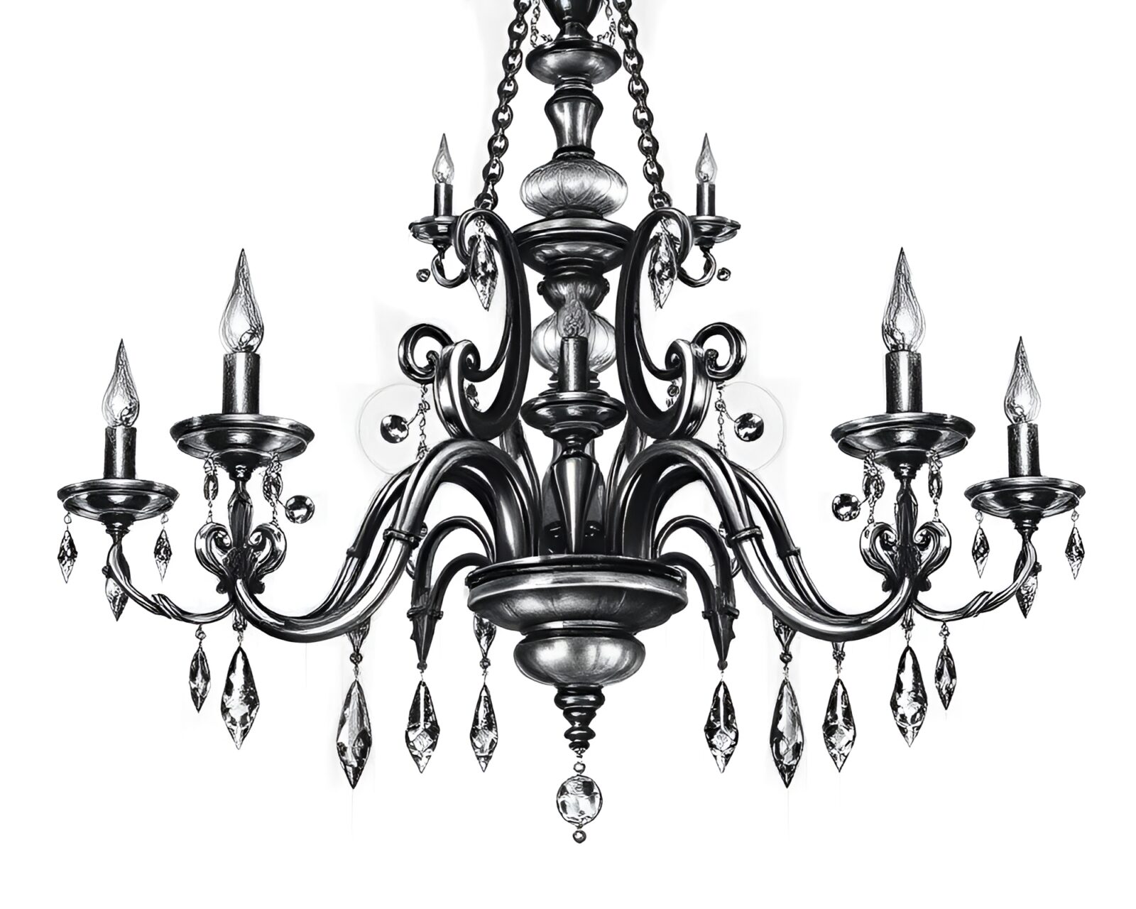 Elegant, intricate Victorian chandelier drawing in charcoal style