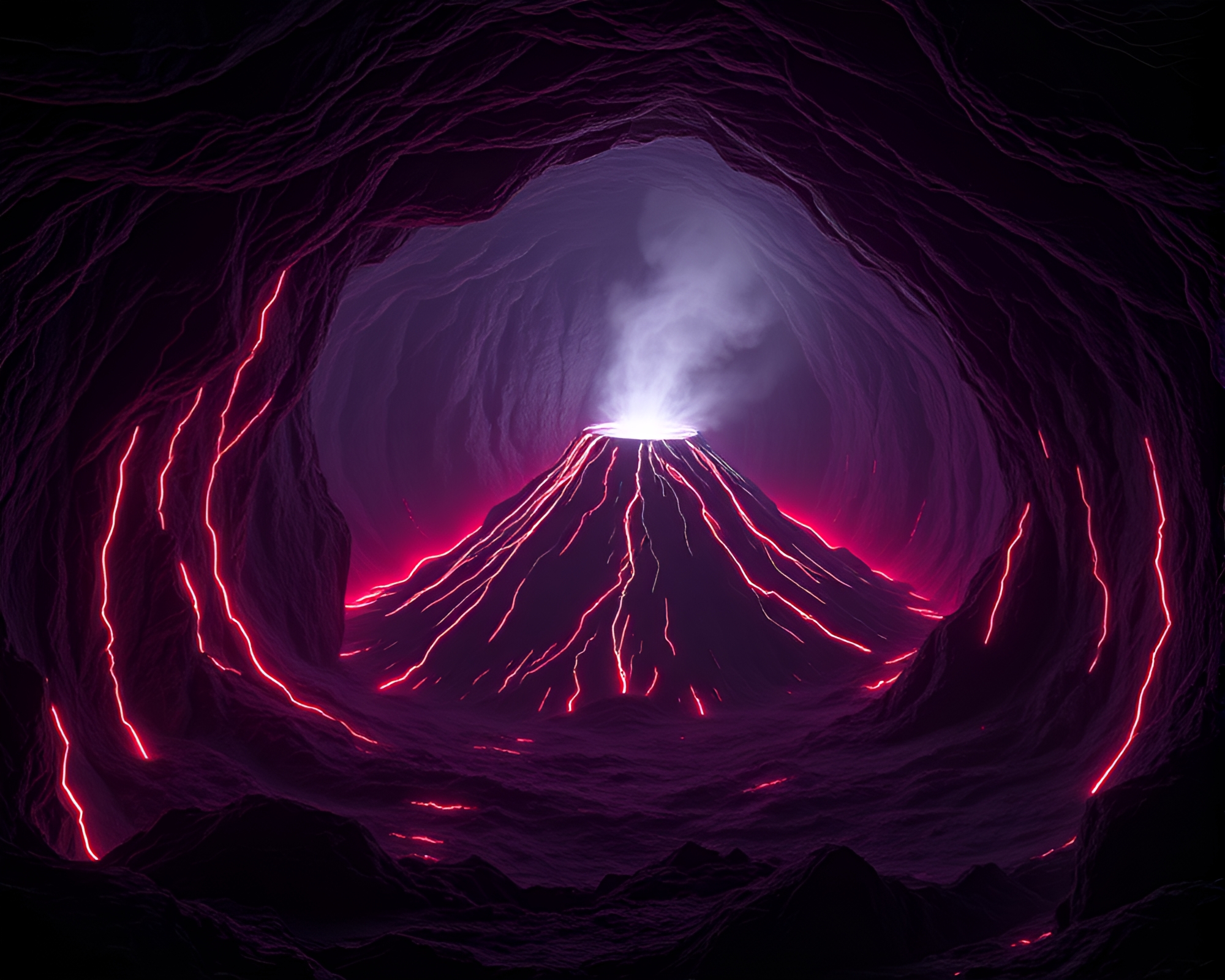 Neon Wireframe Volcano Crater Cave Entrance Duotone – free AI stock image
