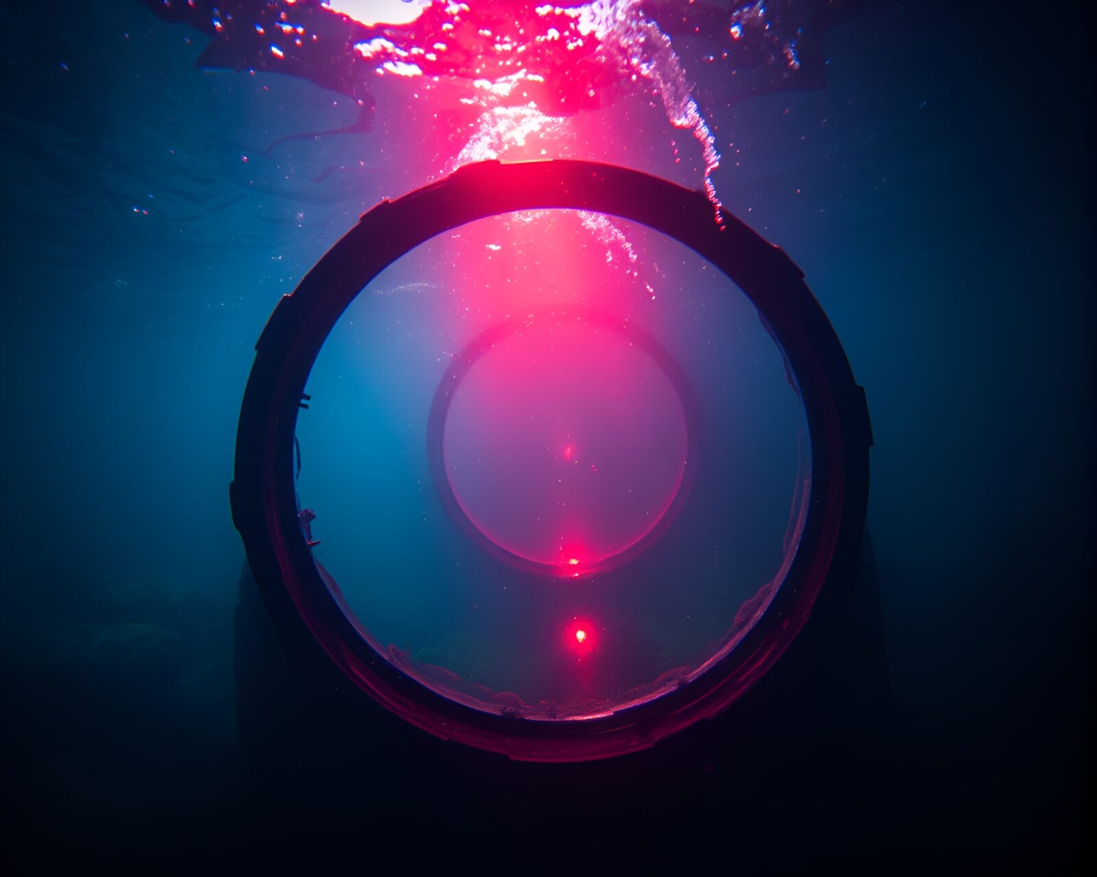 Sunlight filters through water onto red brick underwater structure