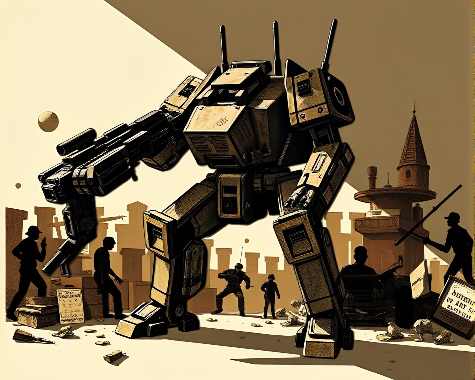 Editorial illustration of a mech battle in dark attic