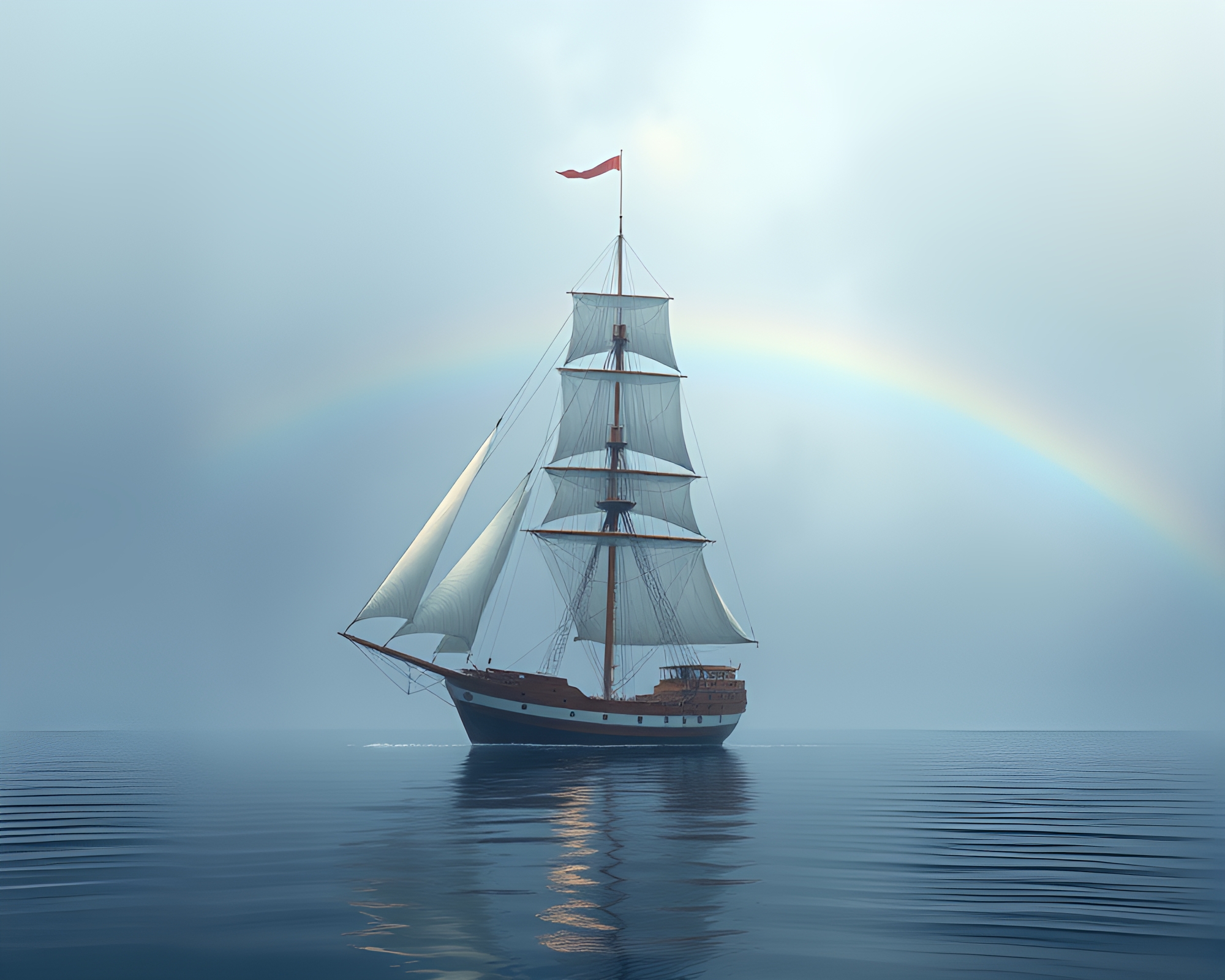 Vibrant Rainbow Refraction: Classic Sailing Ship in Smoky Haze – free AI stock image