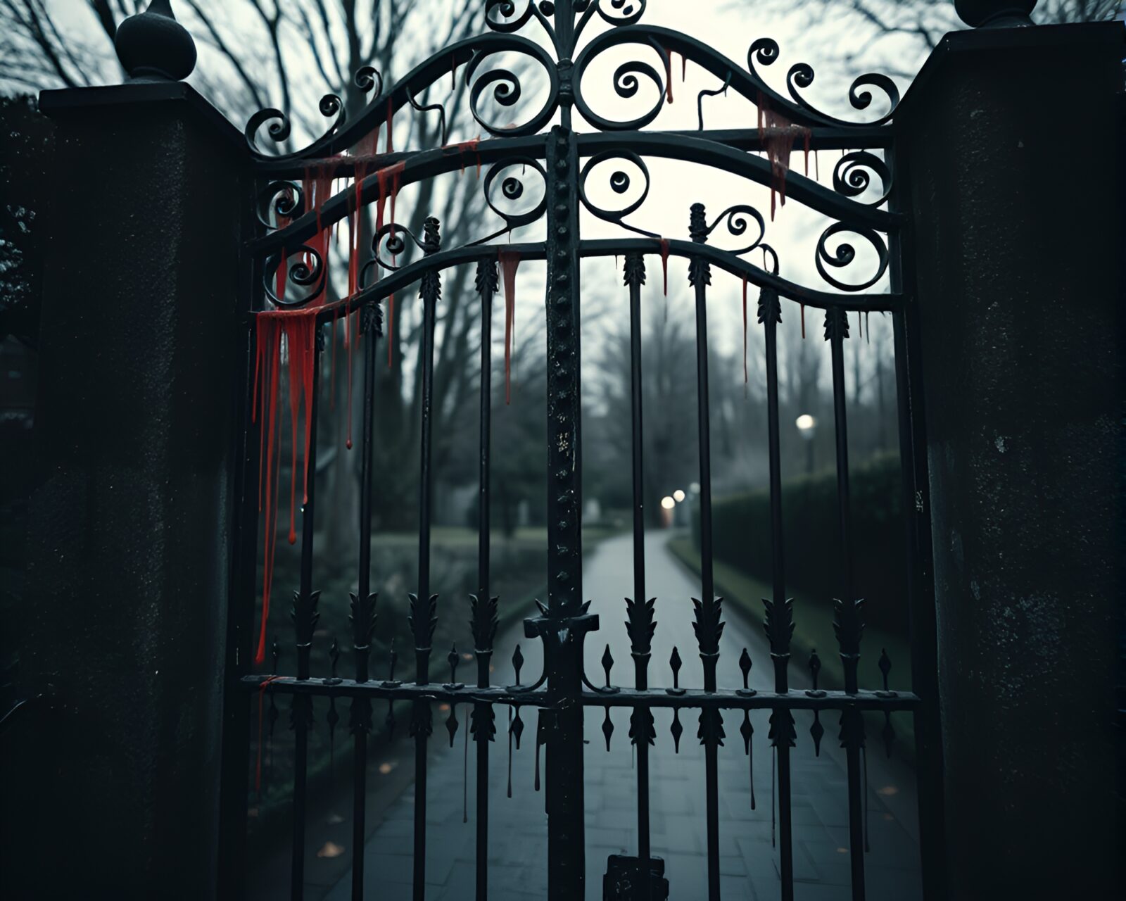 Tilt-shift photo of noir gate adorned with paint splatters