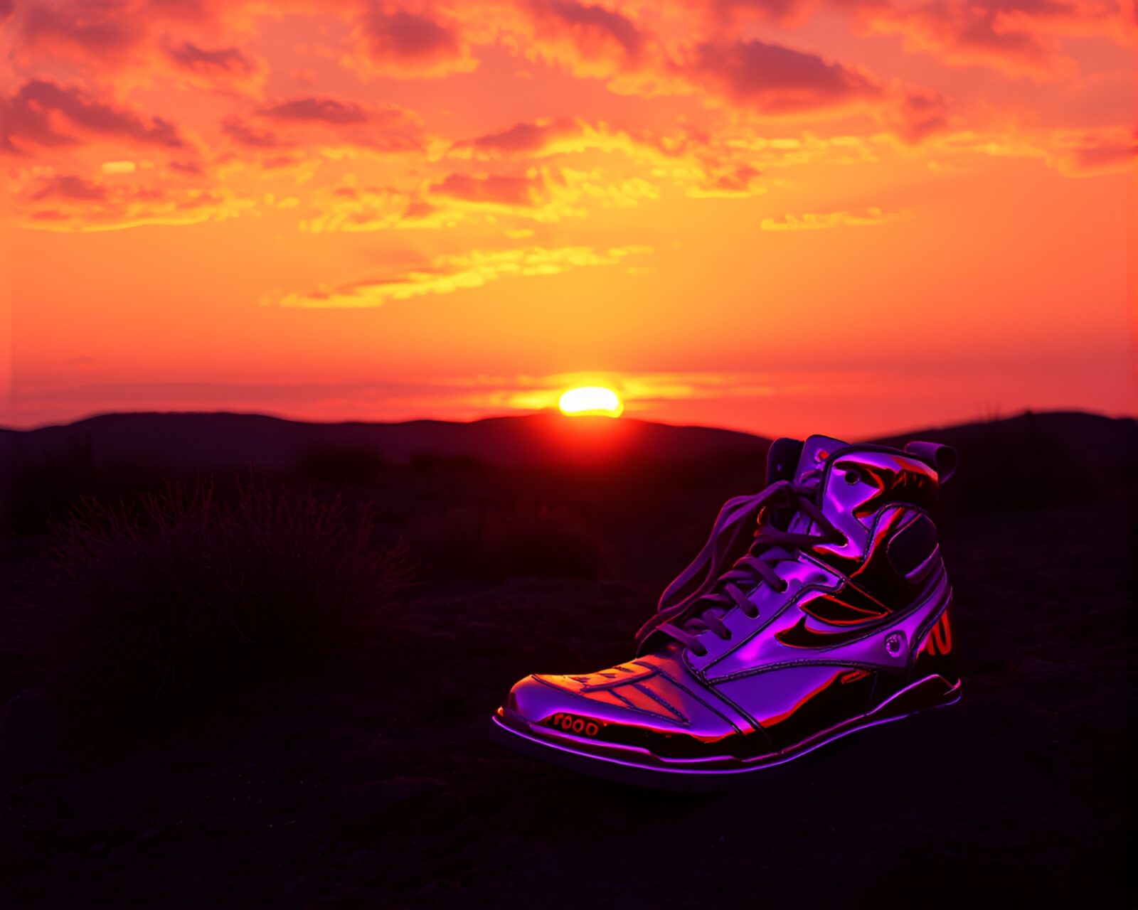 A futuristic scene at dusk with gravity boots glowing under fluorescent lights