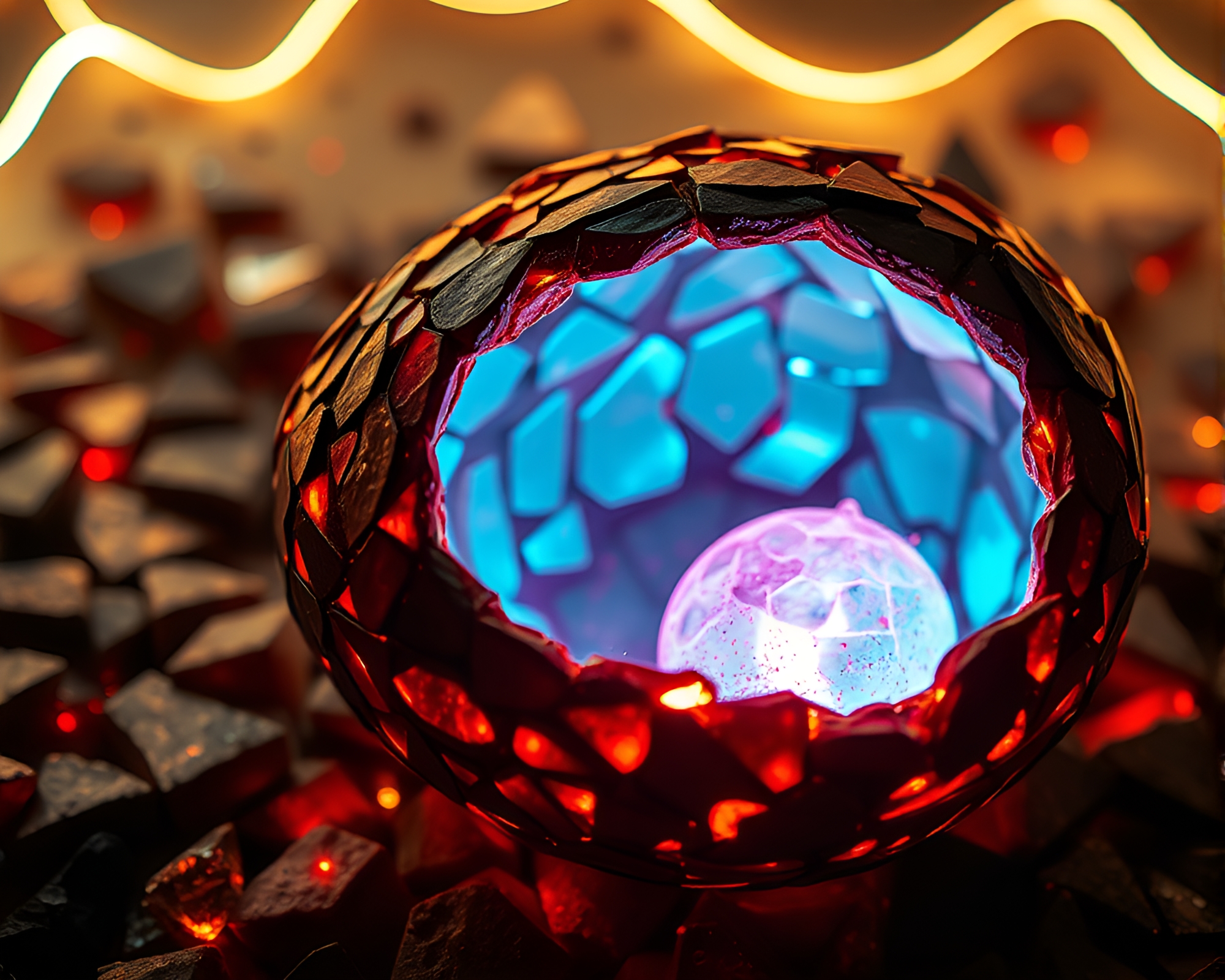 Neon Dragon Egg Among Broken Mosaic Fragments – free AI stock image