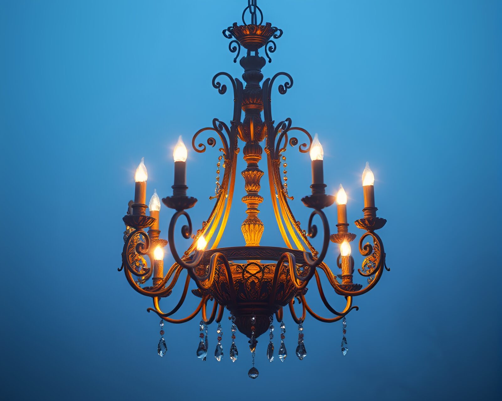 Fancy gold foil stamped Victorian chandelier in eerie blue fog