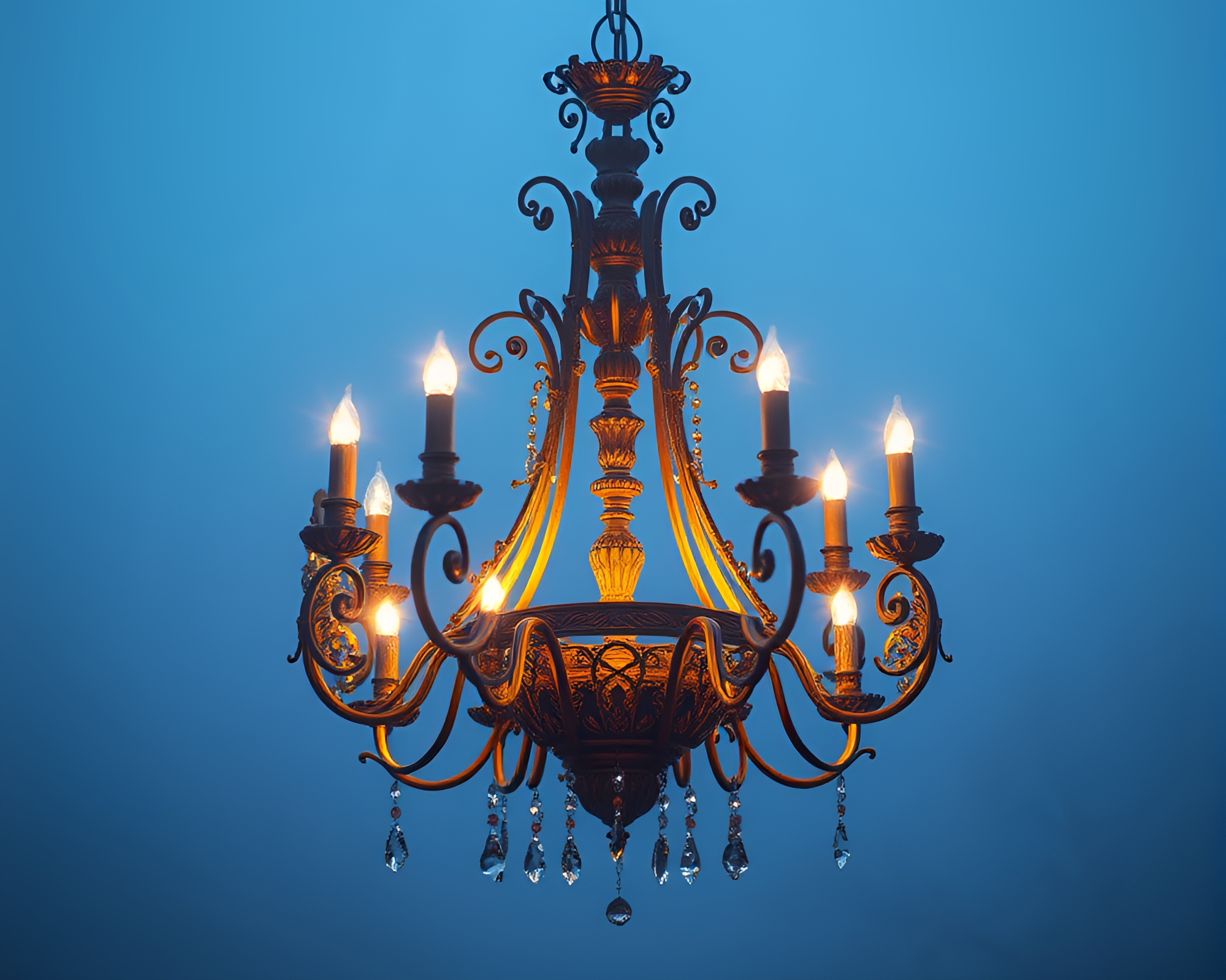 Elegant Victorian Chandelier in Blue Hour Foggy Setting – free AI stock image