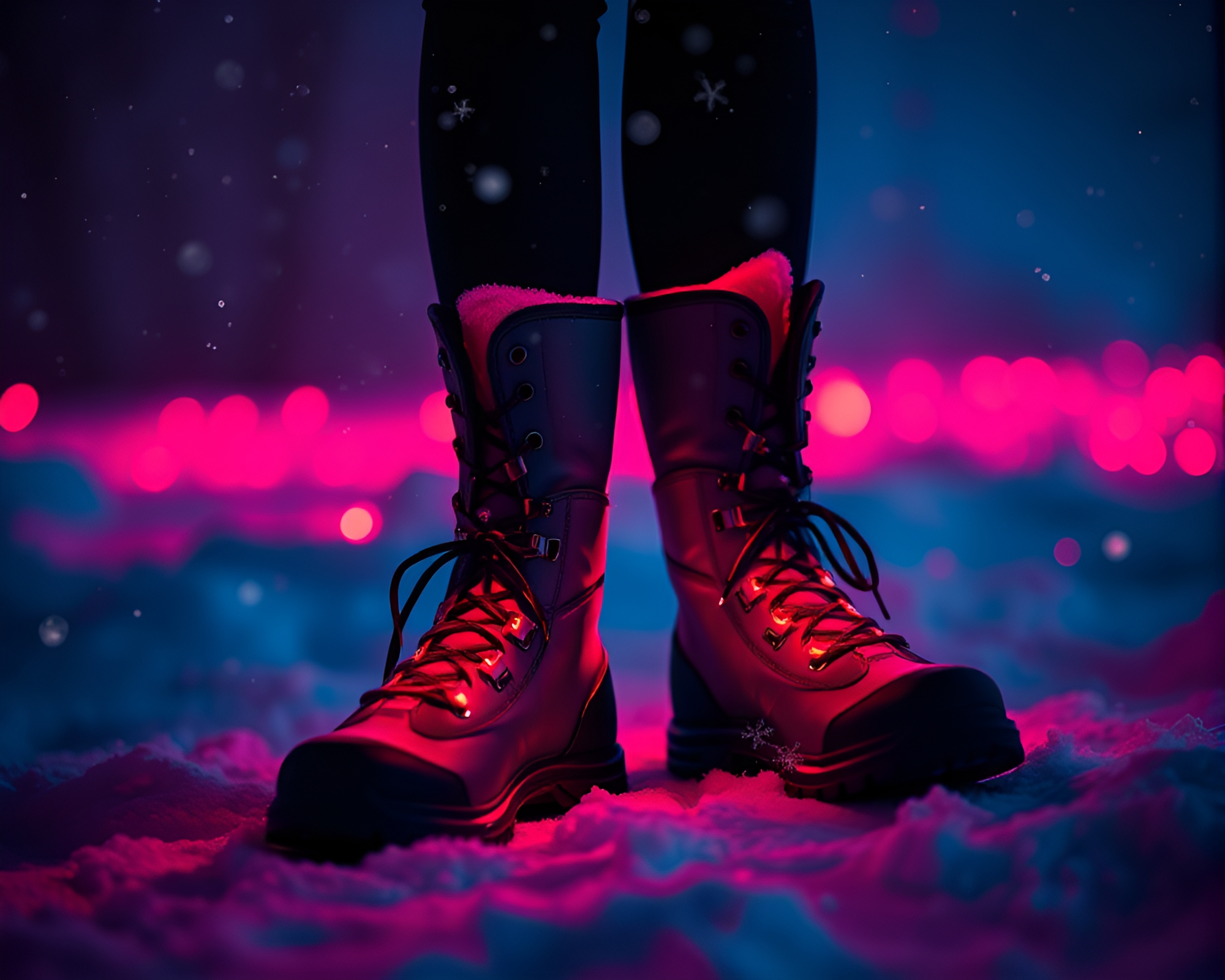 Futuristic Gravity Boots in Neon Snowfall Composition – free AI stock image