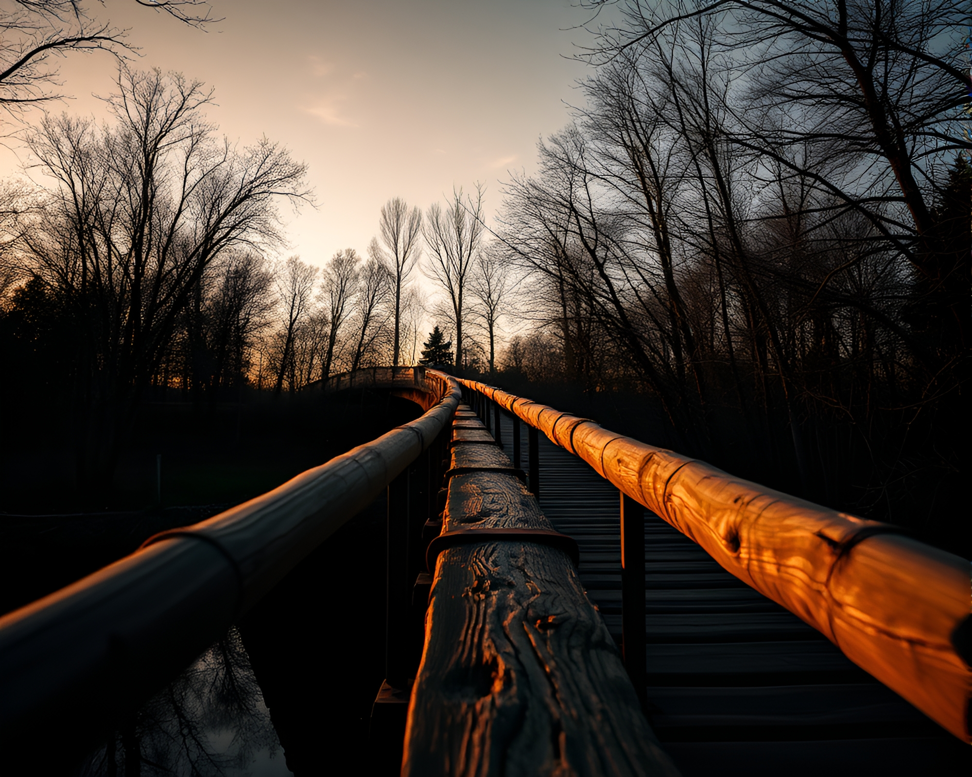 Majestic Wooden Bridge Under Golden Hour Light – free AI stock image