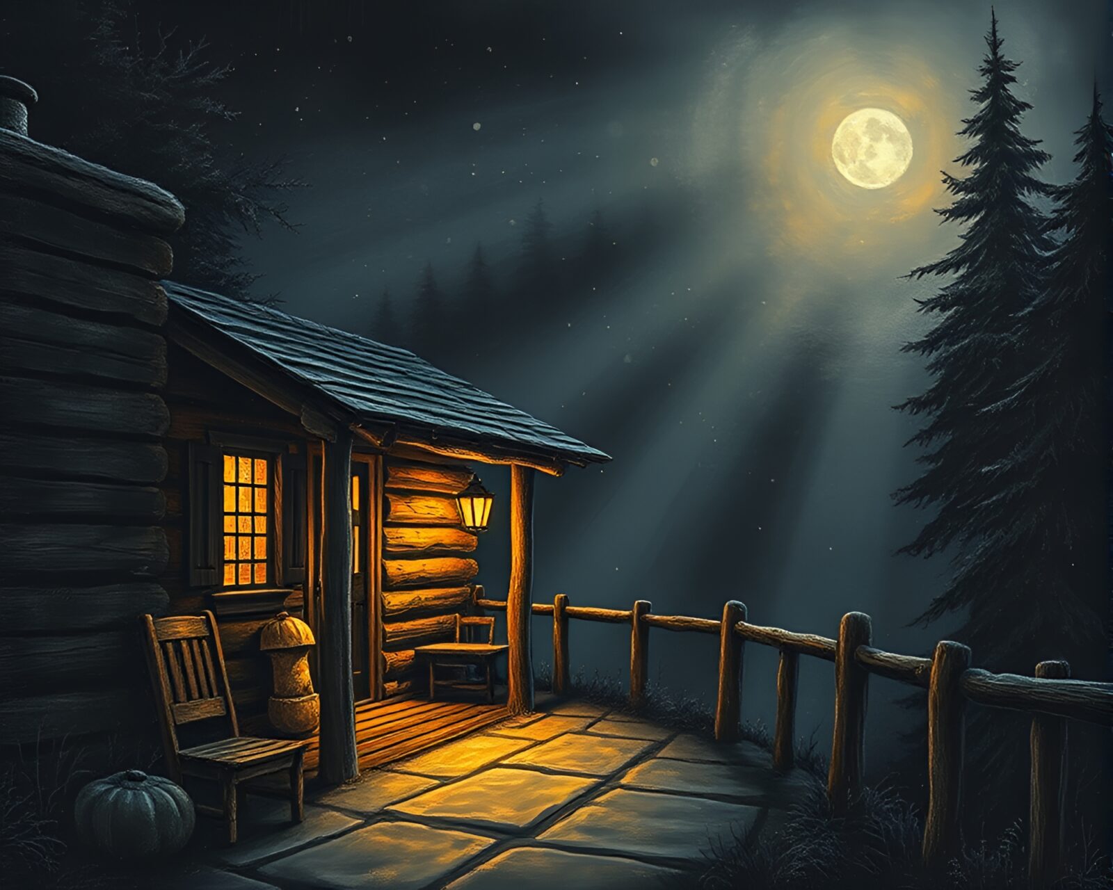 Chalkboard drawing of a cozy cabin porch with warm light