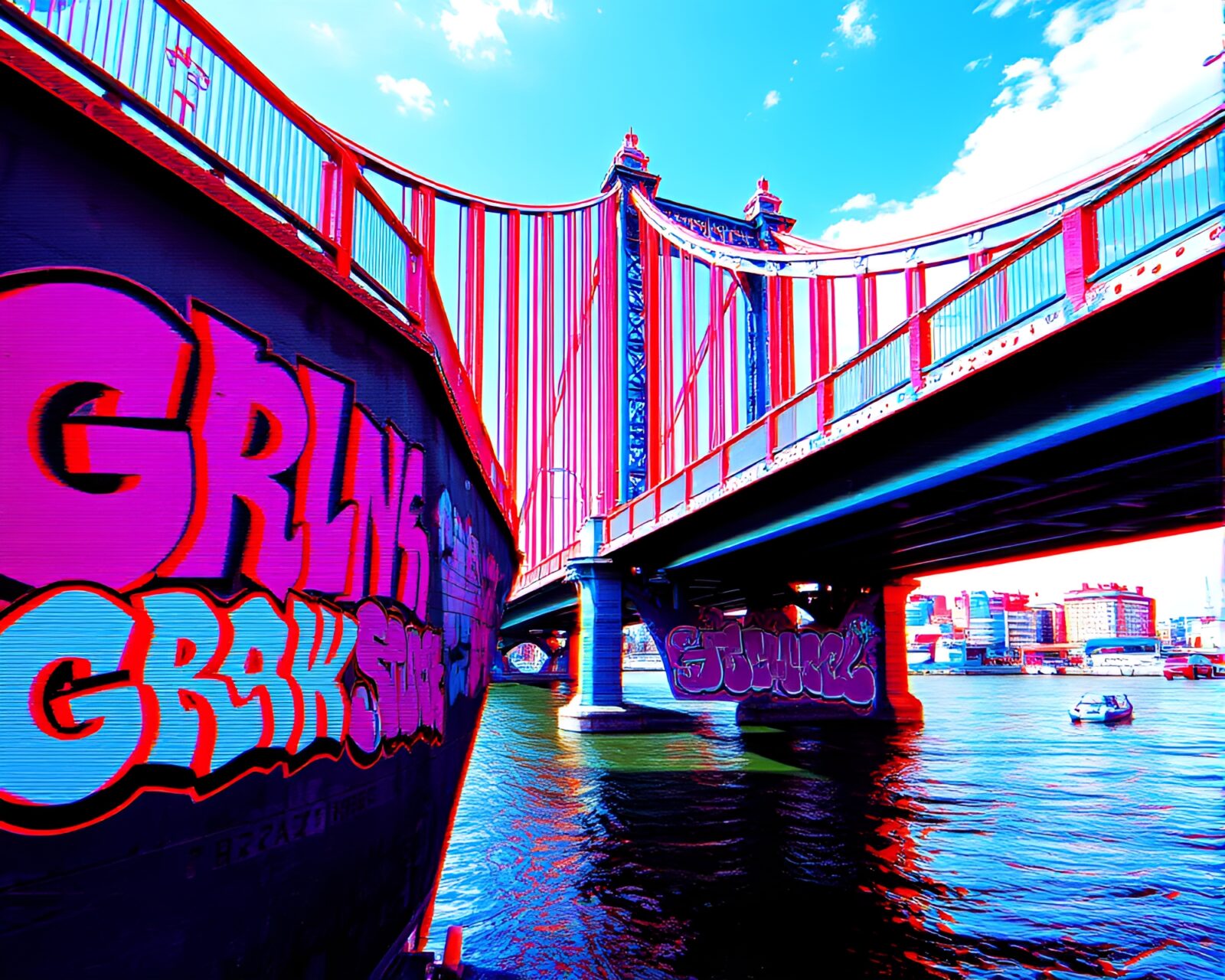Graffiti-themed bridge with glitchy anaglyph 3D style.
