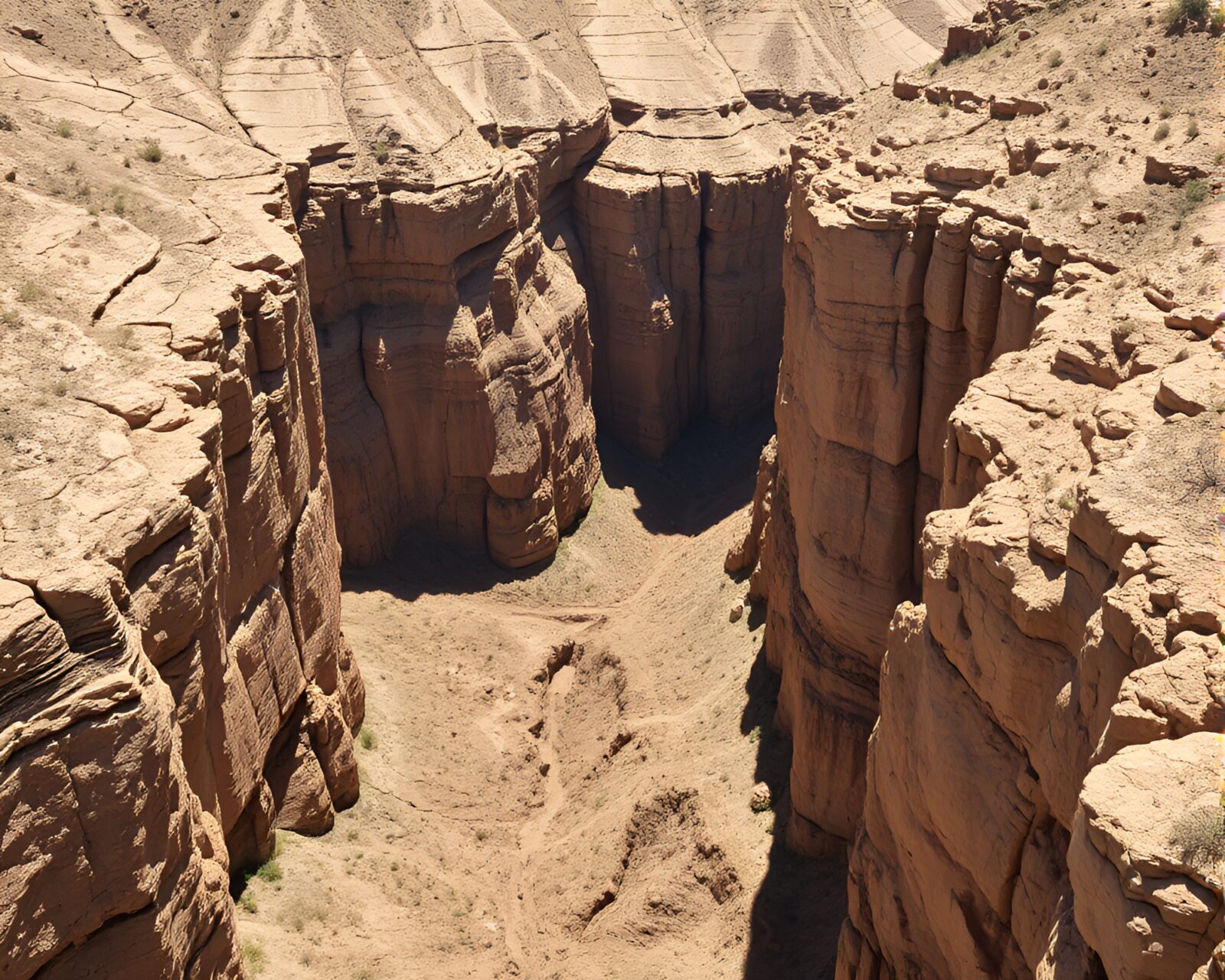 Tri-tone image of a dramatic canyon with cracked earth
