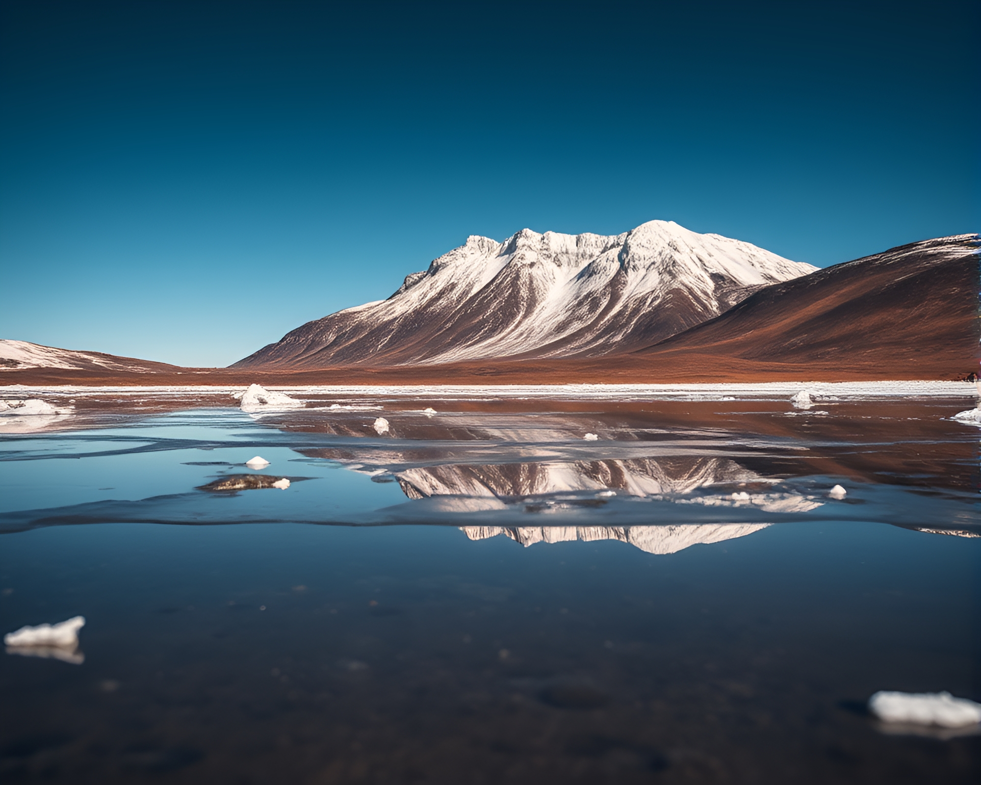 Plateau Reflection in Ice-Blue Puddle – free AI stock image