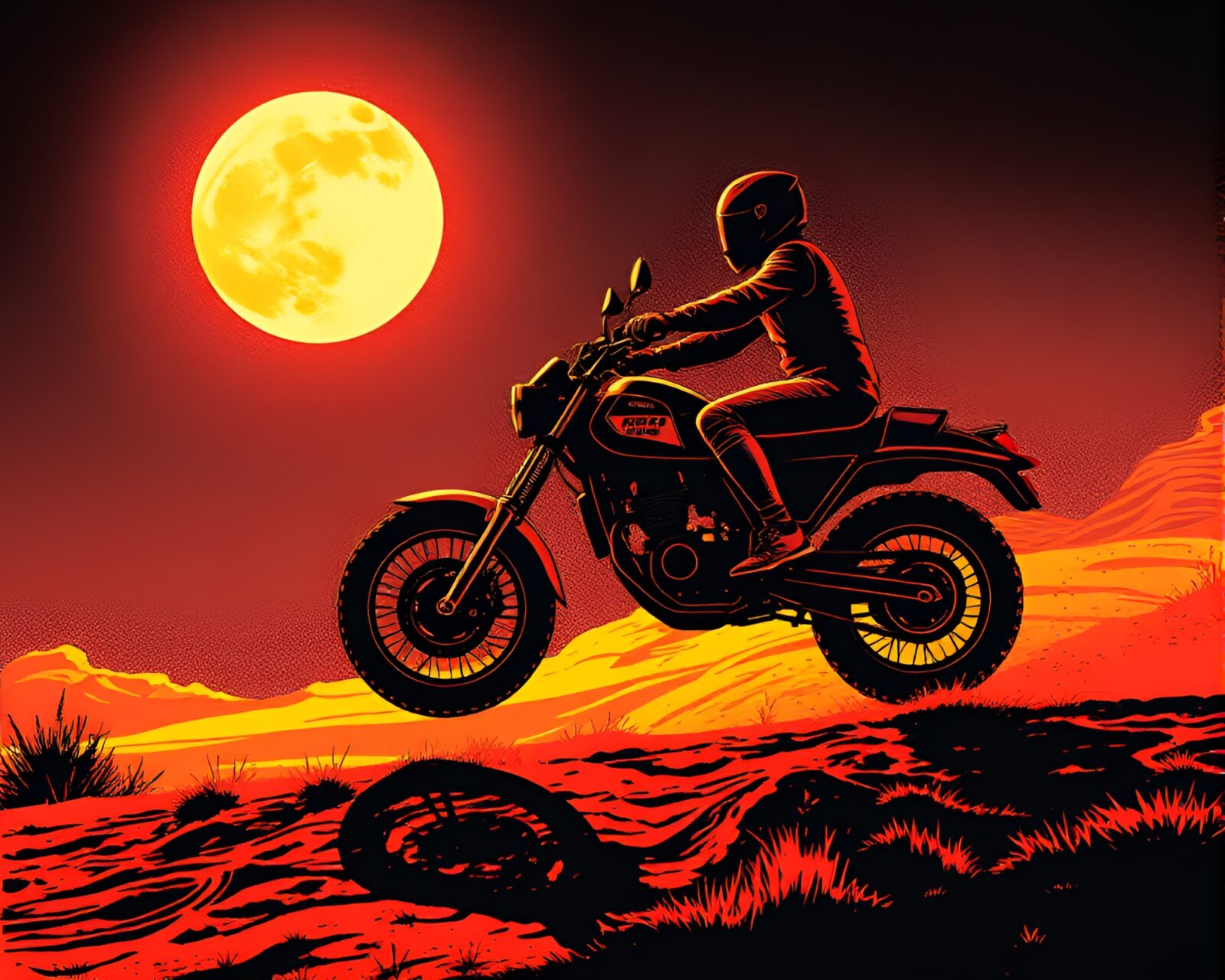 Bright infrared sun glares on linocut hoverbike rider