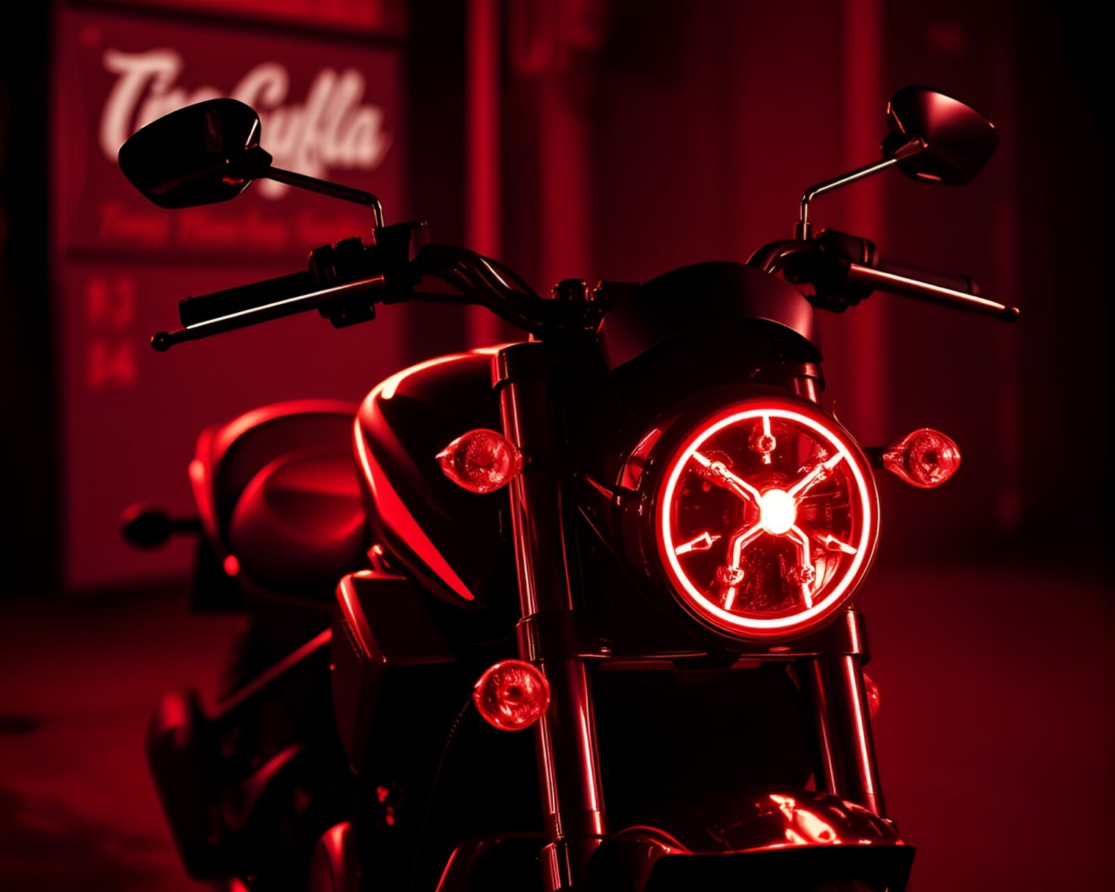Tightly cropped image of a neon motorcycle in red