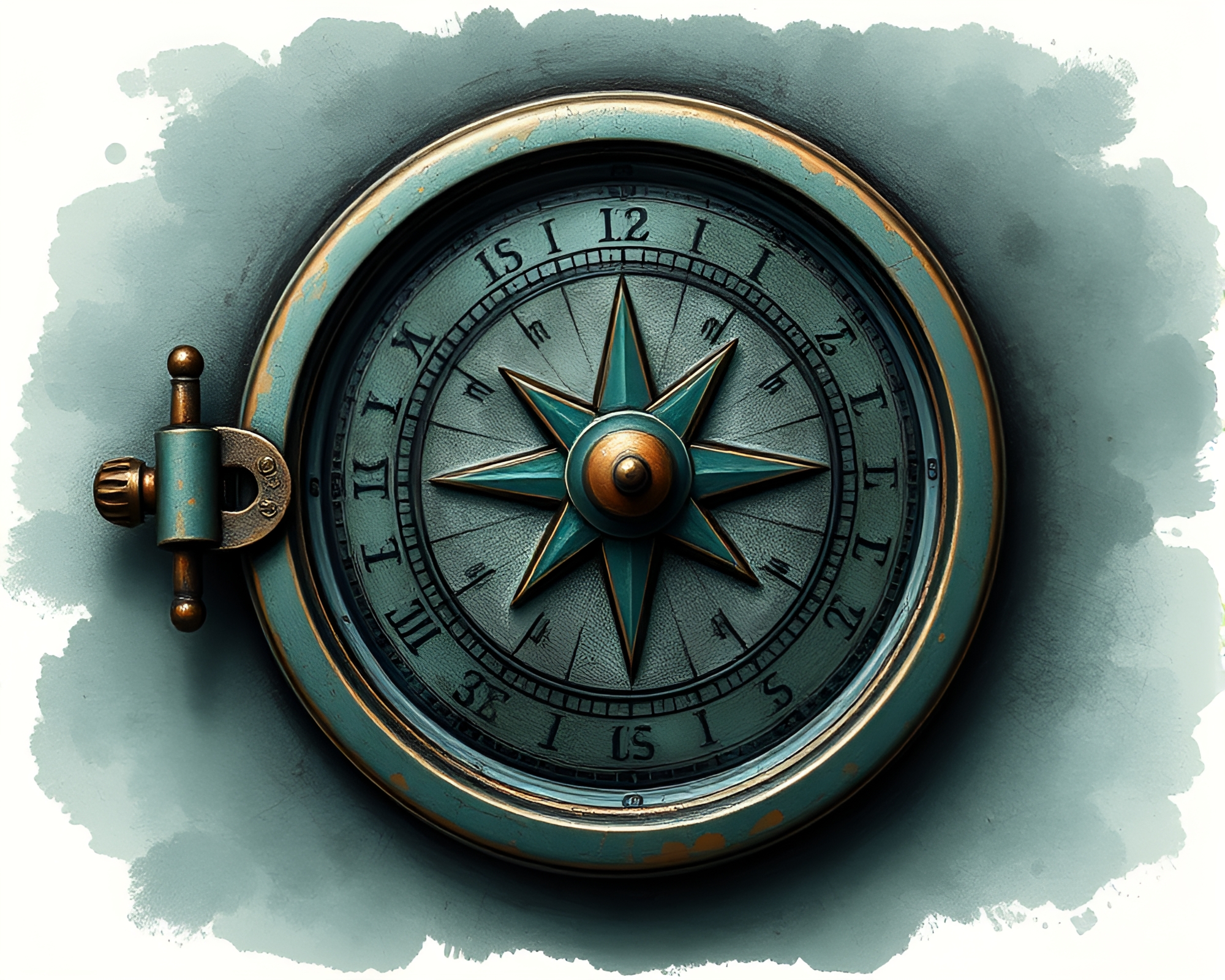 Copper Verdigris Pocket Sundial in Charcoal Sketch – free AI stock image
