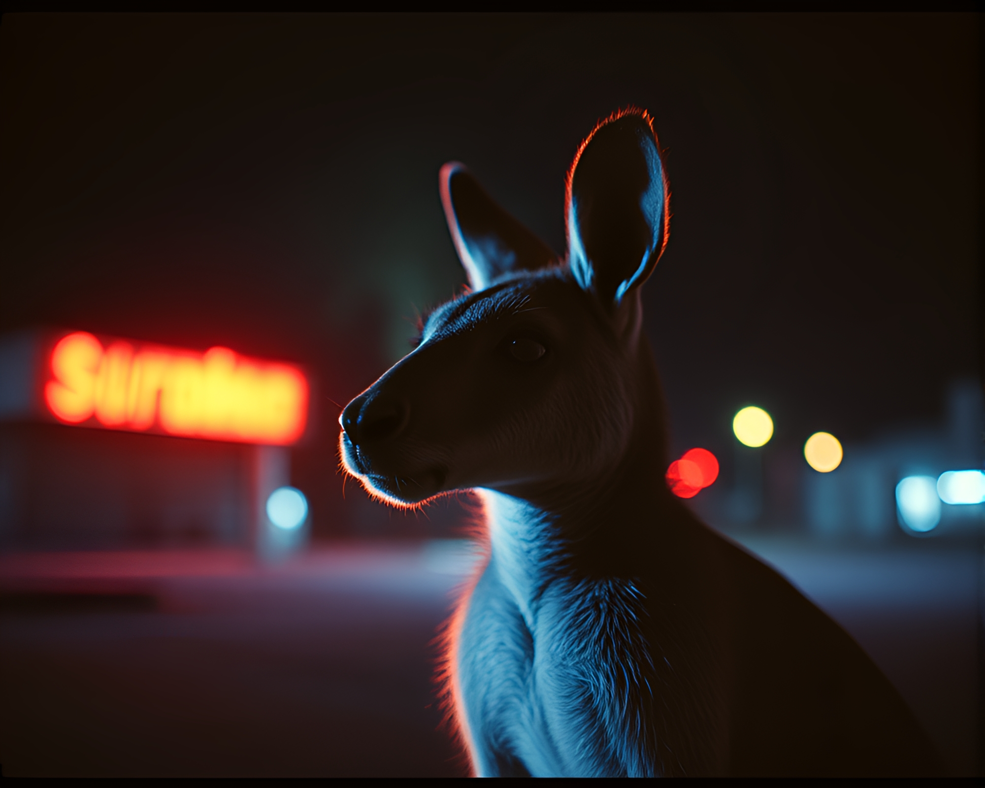 Gloomy Kangaroo Encounter with 80s VHS Filter – free AI stock image