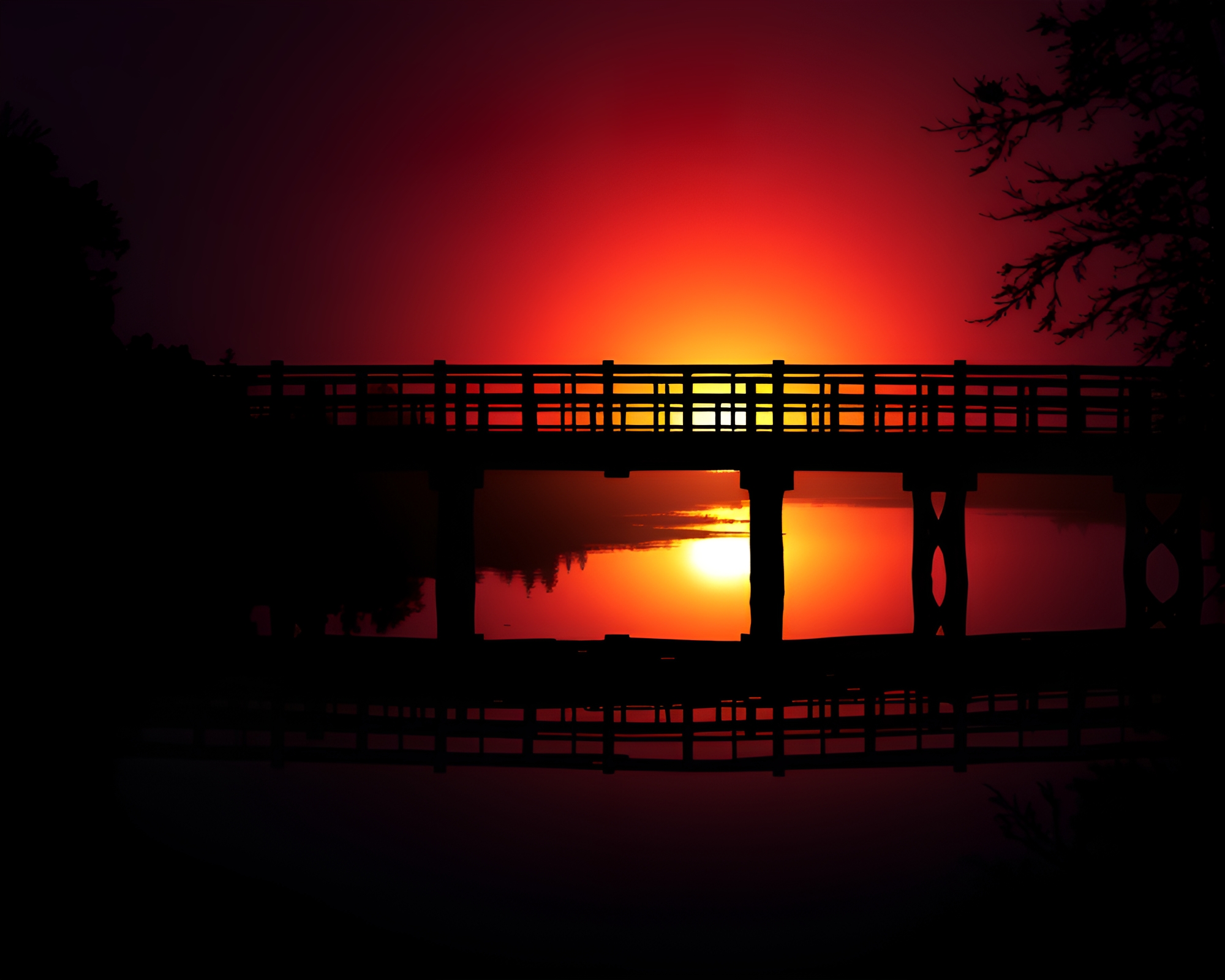 Pixelated Light Wooden Bridge Reflection Silhouette – free AI stock image