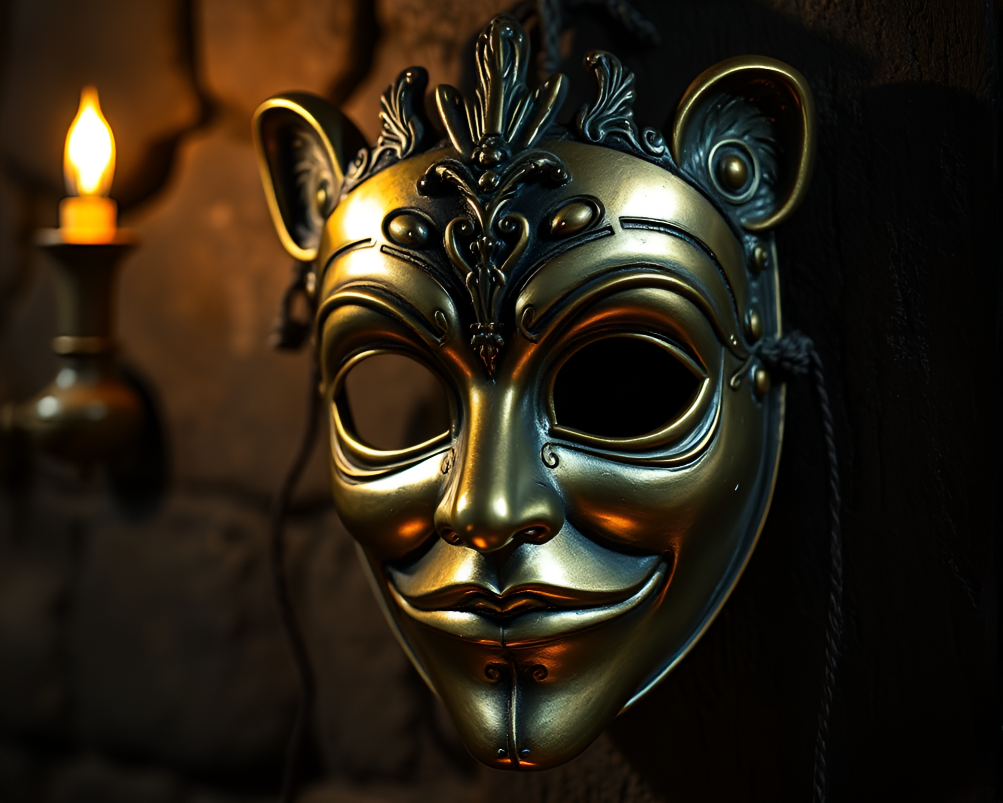 Bronze Patina: Venetian Mask in Dungeon Torchlight – free AI stock image